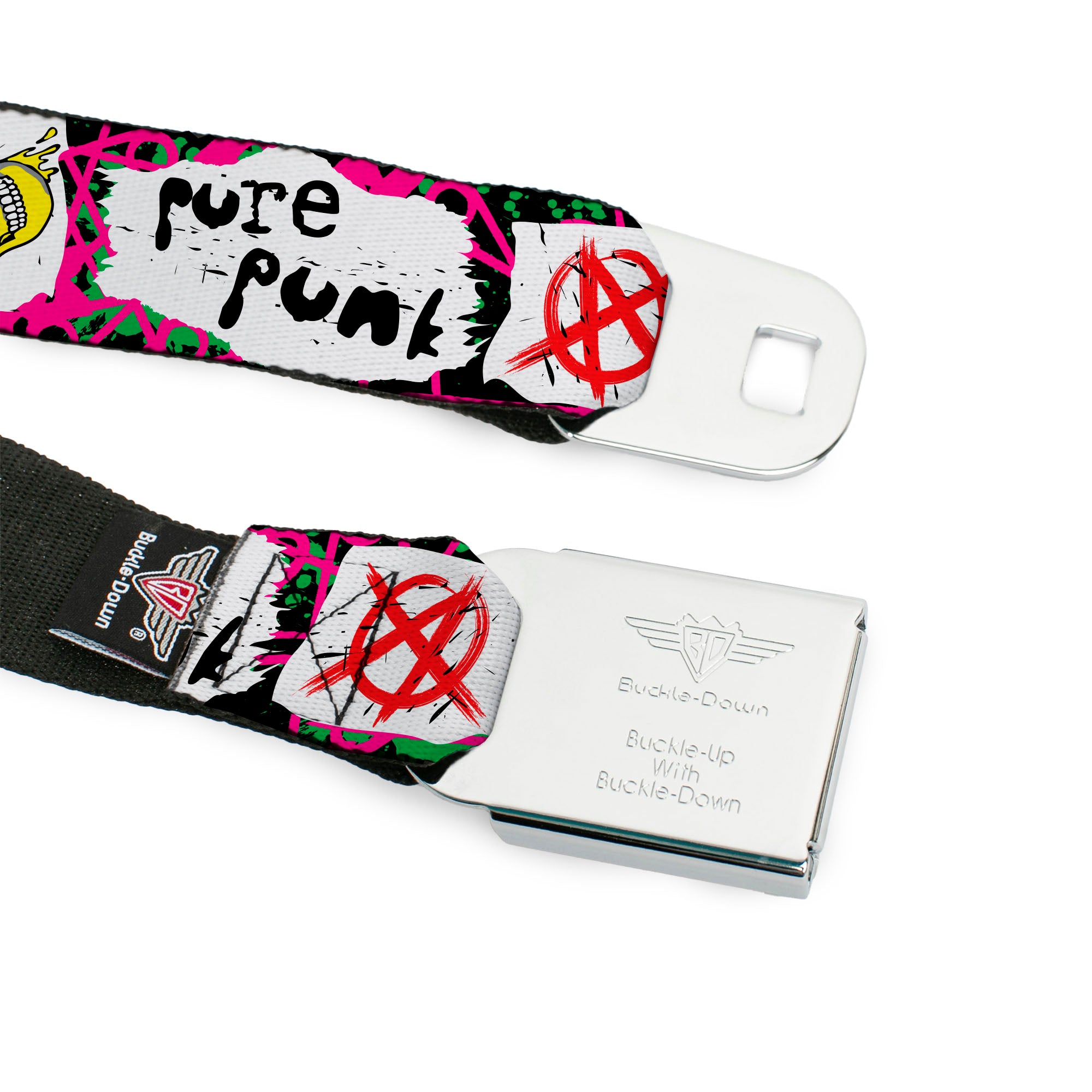 BD Wings Logo CLOSE-UP Full Color Black Silver Seatbelt Belt - Pure Punk w/Safety Pins Black/Fuchsia/White Webbing Seatbelt Belts Buckle-Down