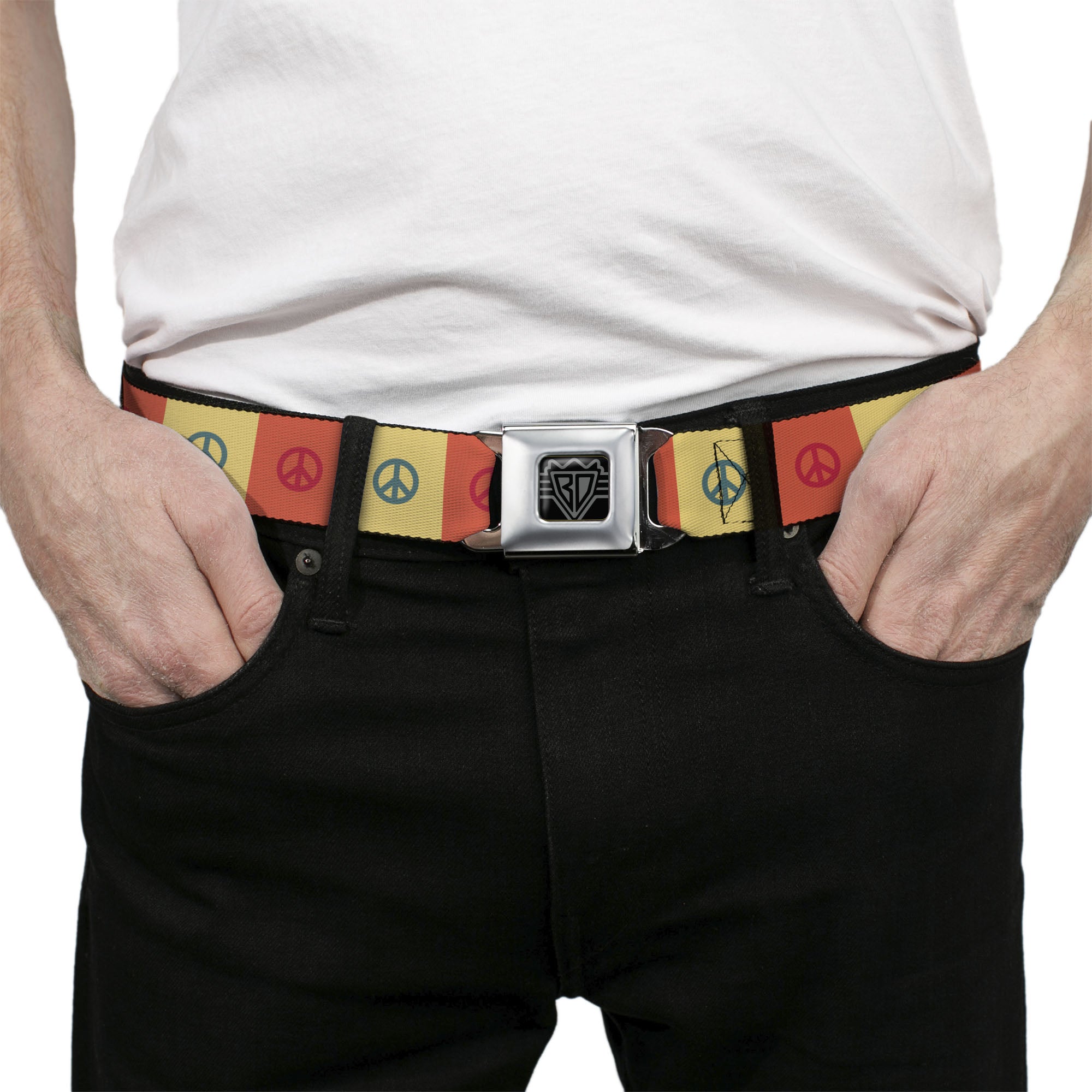 BD Wings Logo CLOSE-UP Full Color Black Silver Seatbelt Belt - Peace Blocks Red/Yellow/Blue Webbing Seatbelt Belts Buckle-Down