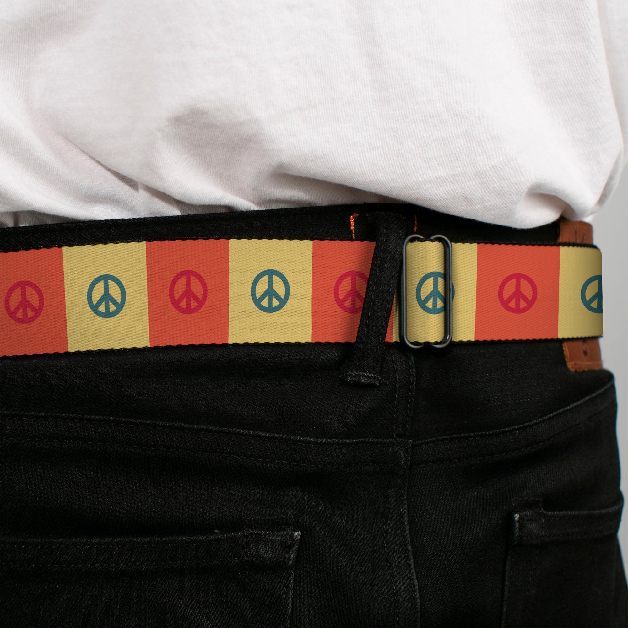BD Wings Logo CLOSE-UP Full Color Black Silver Seatbelt Belt - Peace Blocks Red/Yellow/Blue Webbing Seatbelt Belts Buckle-Down