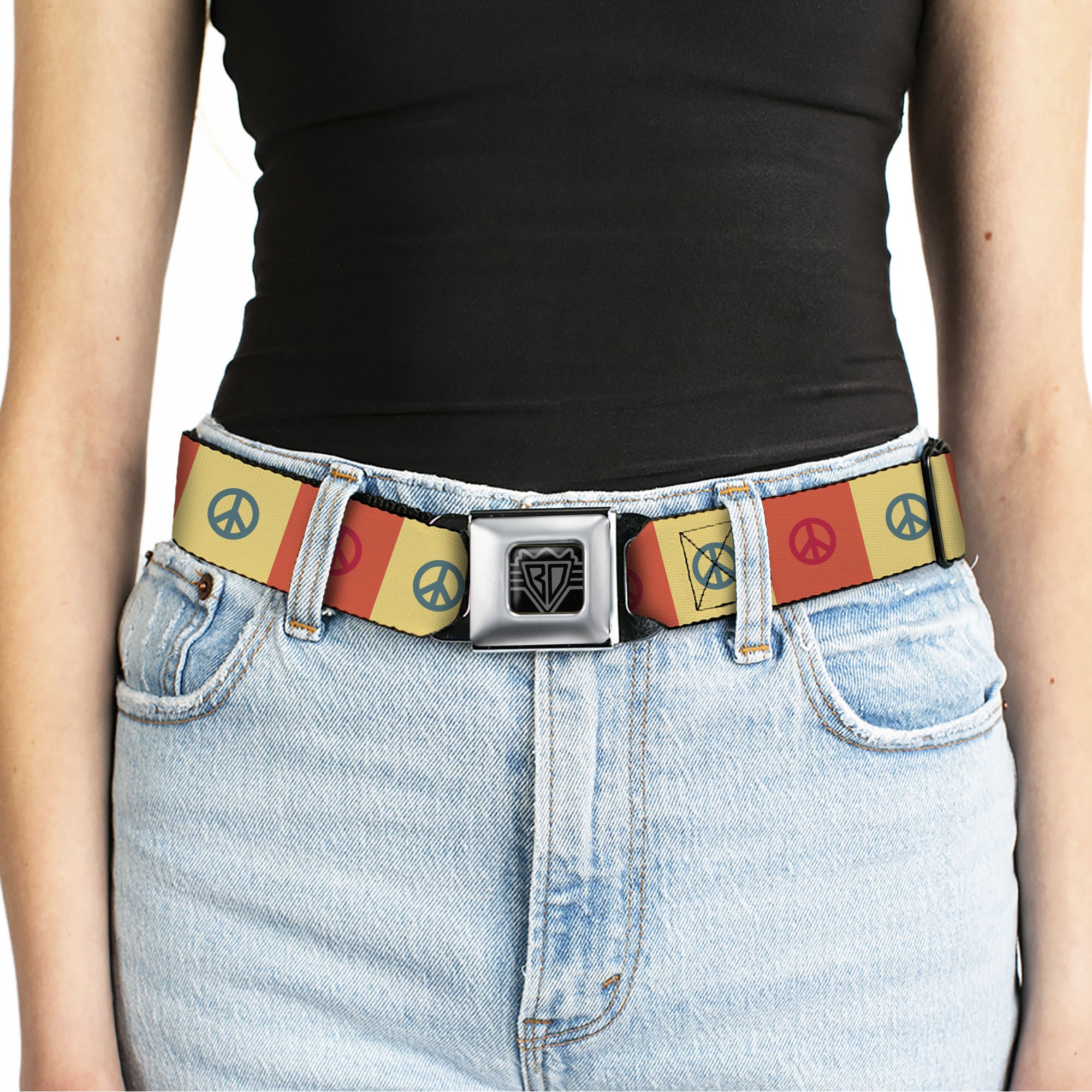 BD Wings Logo CLOSE-UP Full Color Black Silver Seatbelt Belt - Peace Blocks Red/Yellow/Blue Webbing Seatbelt Belts Buckle-Down