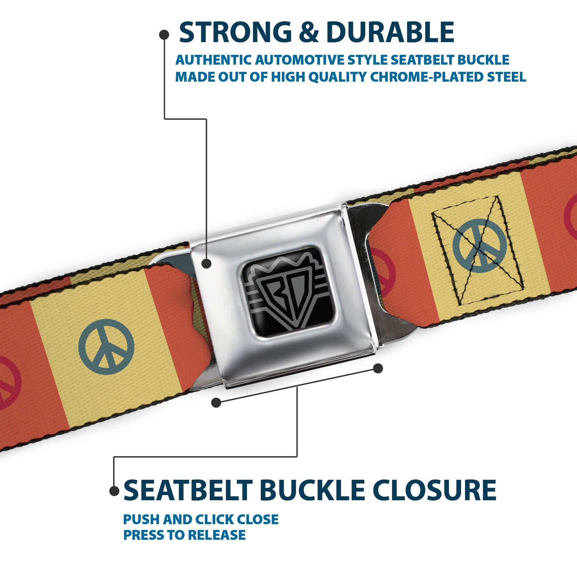 BD Wings Logo CLOSE-UP Full Color Black Silver Seatbelt Belt - Peace Blocks Red/Yellow/Blue Webbing Seatbelt Belts Buckle-Down