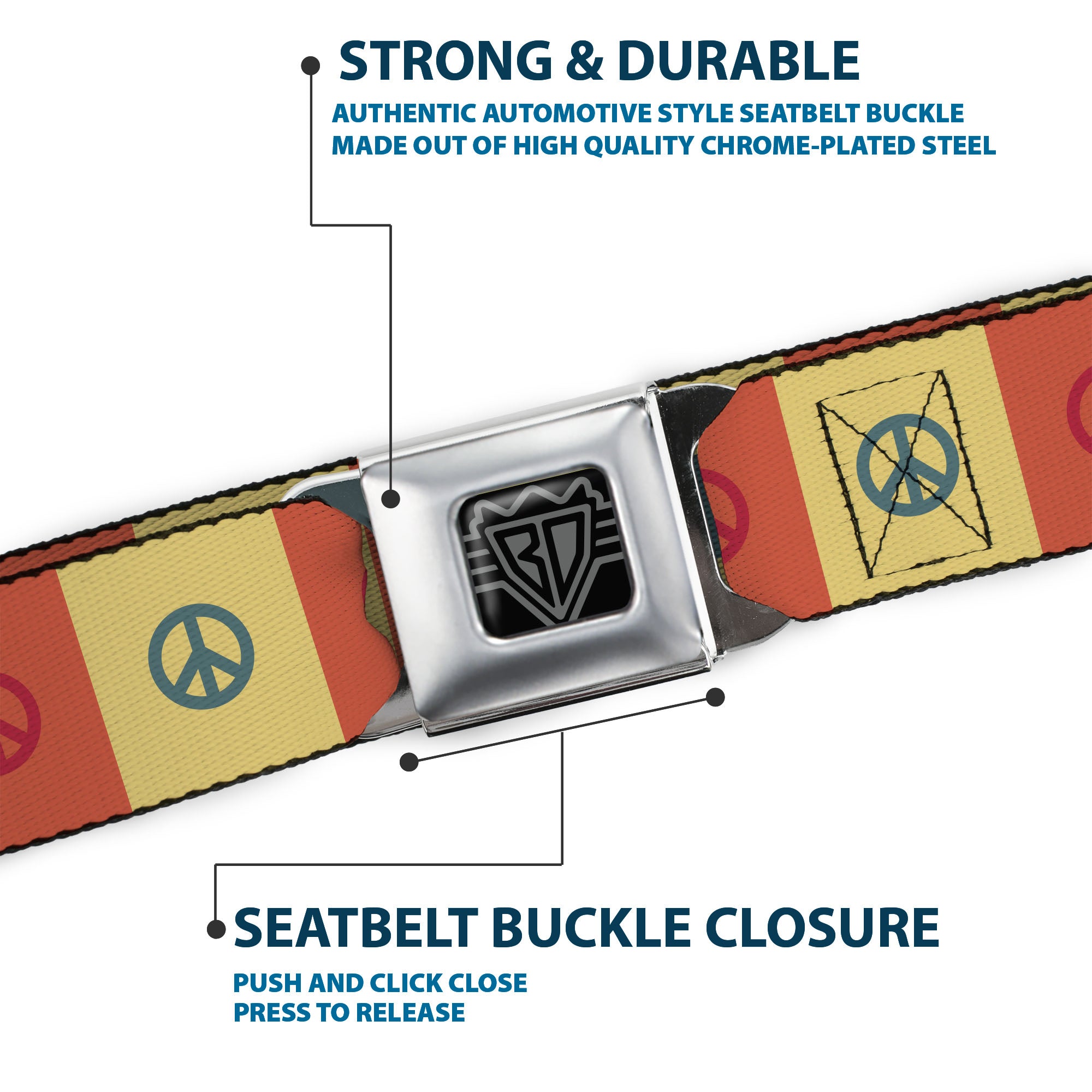 BD Wings Logo CLOSE-UP Full Color Black Silver Seatbelt Belt - Peace Blocks Red/Yellow/Blue Webbing Seatbelt Belts Buckle-Down