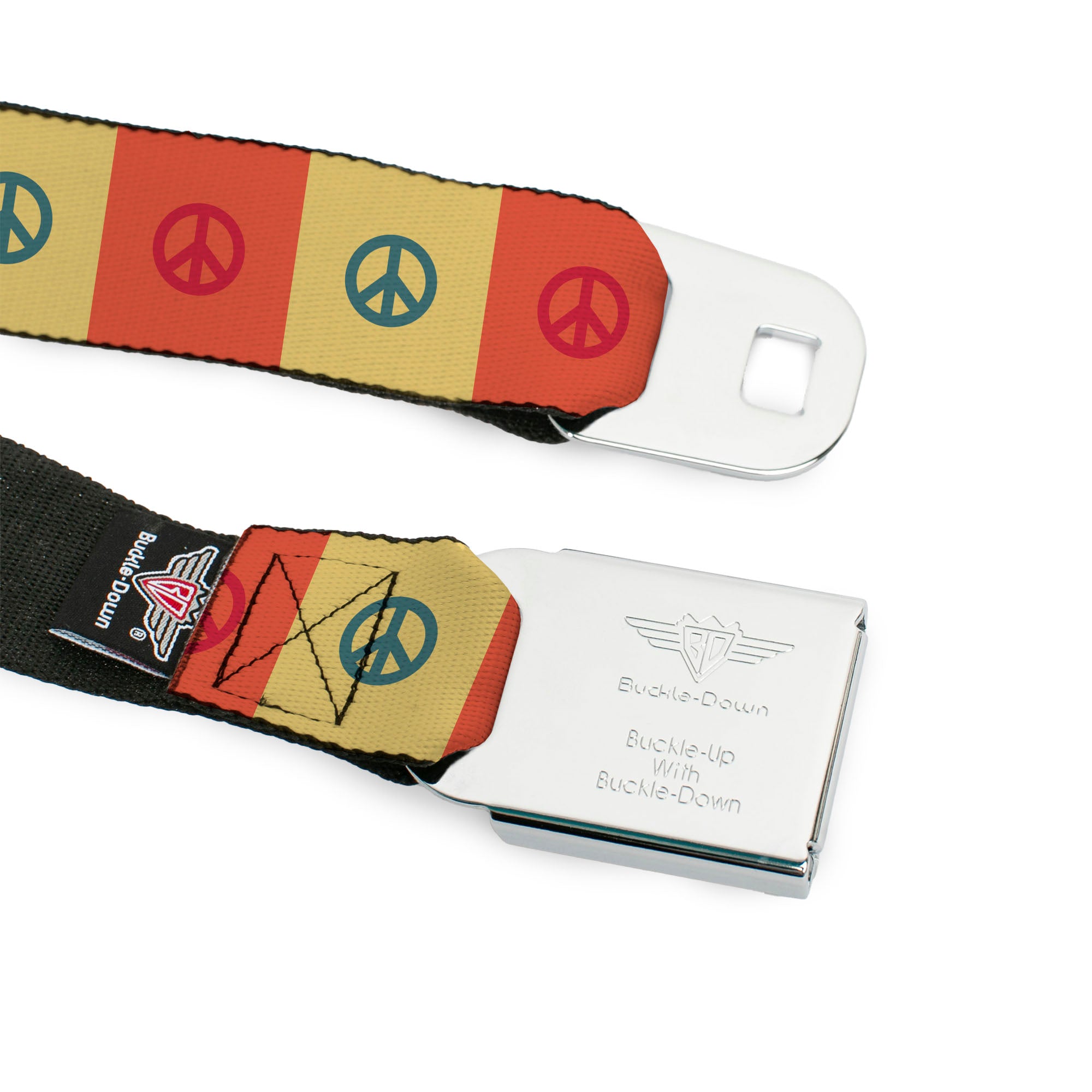 BD Wings Logo CLOSE-UP Full Color Black Silver Seatbelt Belt - Peace Blocks Red/Yellow/Blue Webbing Seatbelt Belts Buckle-Down