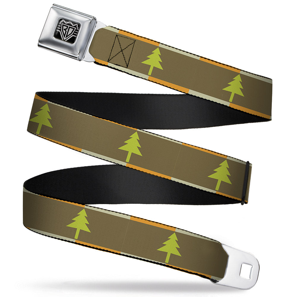 BD Wings Logo CLOSE-UP Full Color Black Silver Seatbelt Belt - Pine Trees Blocks Olive/Orange/Tan Webbing Seatbelt Belts Buckle-Down