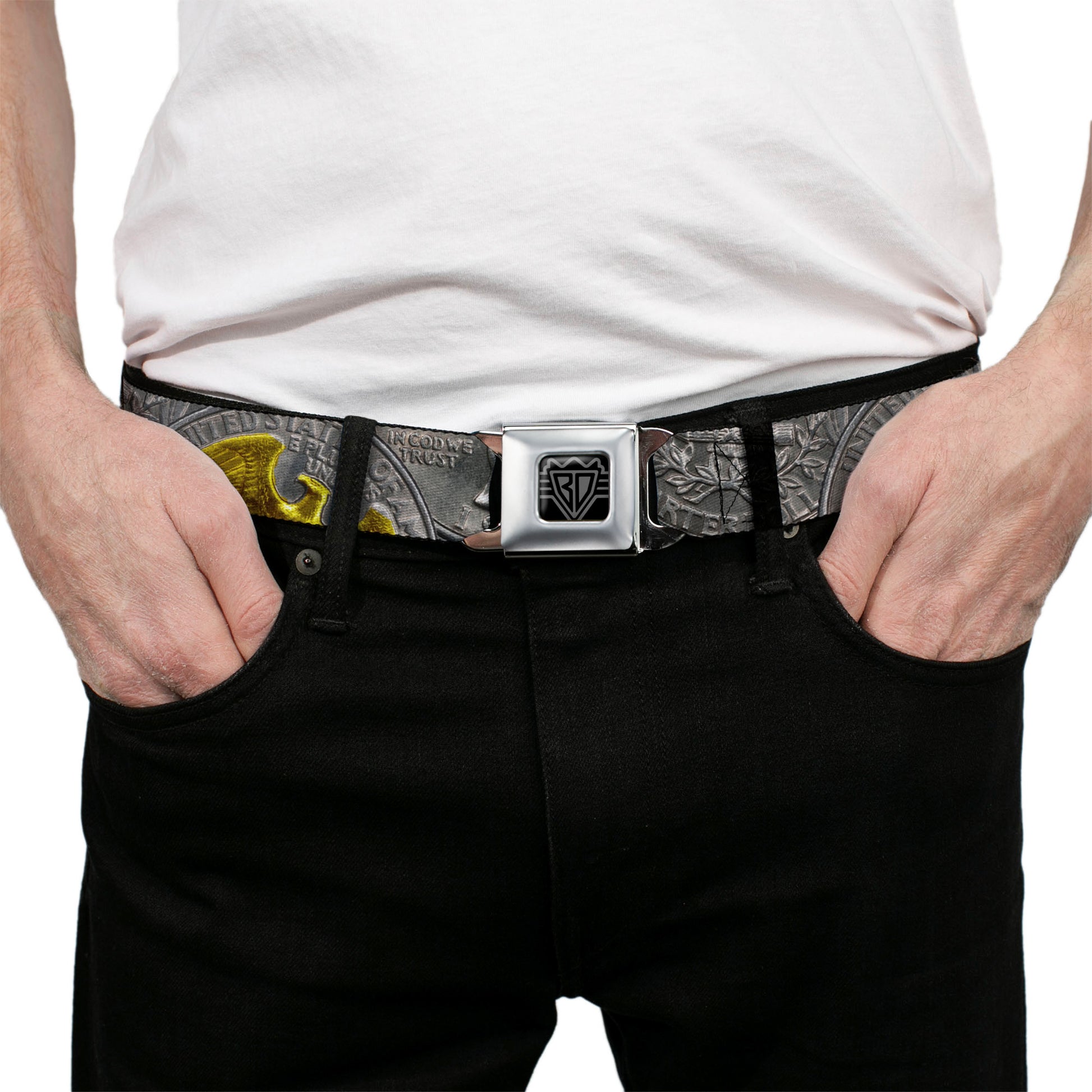 BD Wings Logo CLOSE-UP Black/Silver Seatbelt Belt - Quarter Coins Stacked Silvery Gray/Golden Yellow Webbing Seatbelt Belts Buckle-Down