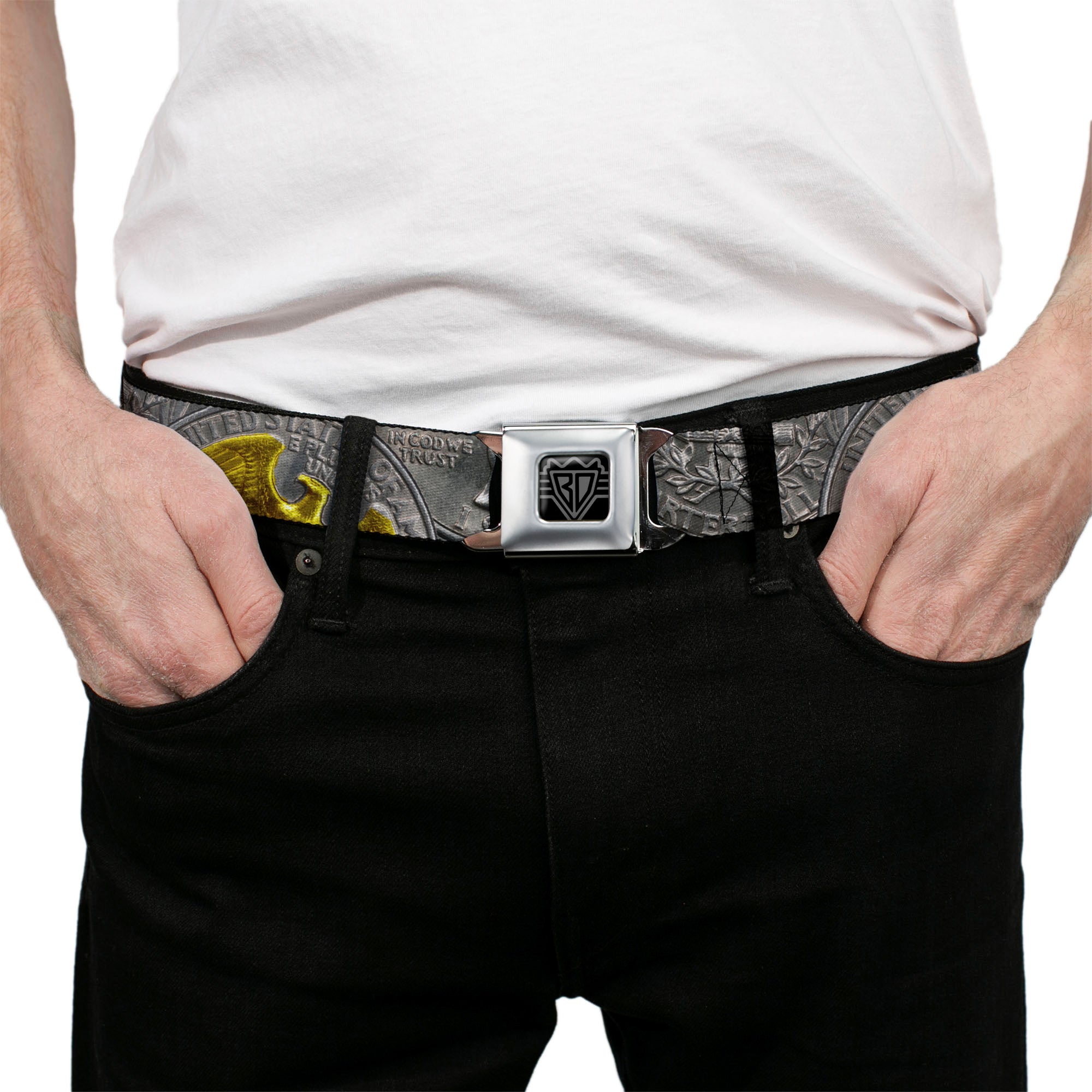 BD Wings Logo CLOSE-UP Black/Silver Seatbelt Belt - Quarter Coins Stacked Silvery Gray/Golden Yellow Webbing Seatbelt Belts Buckle-Down
