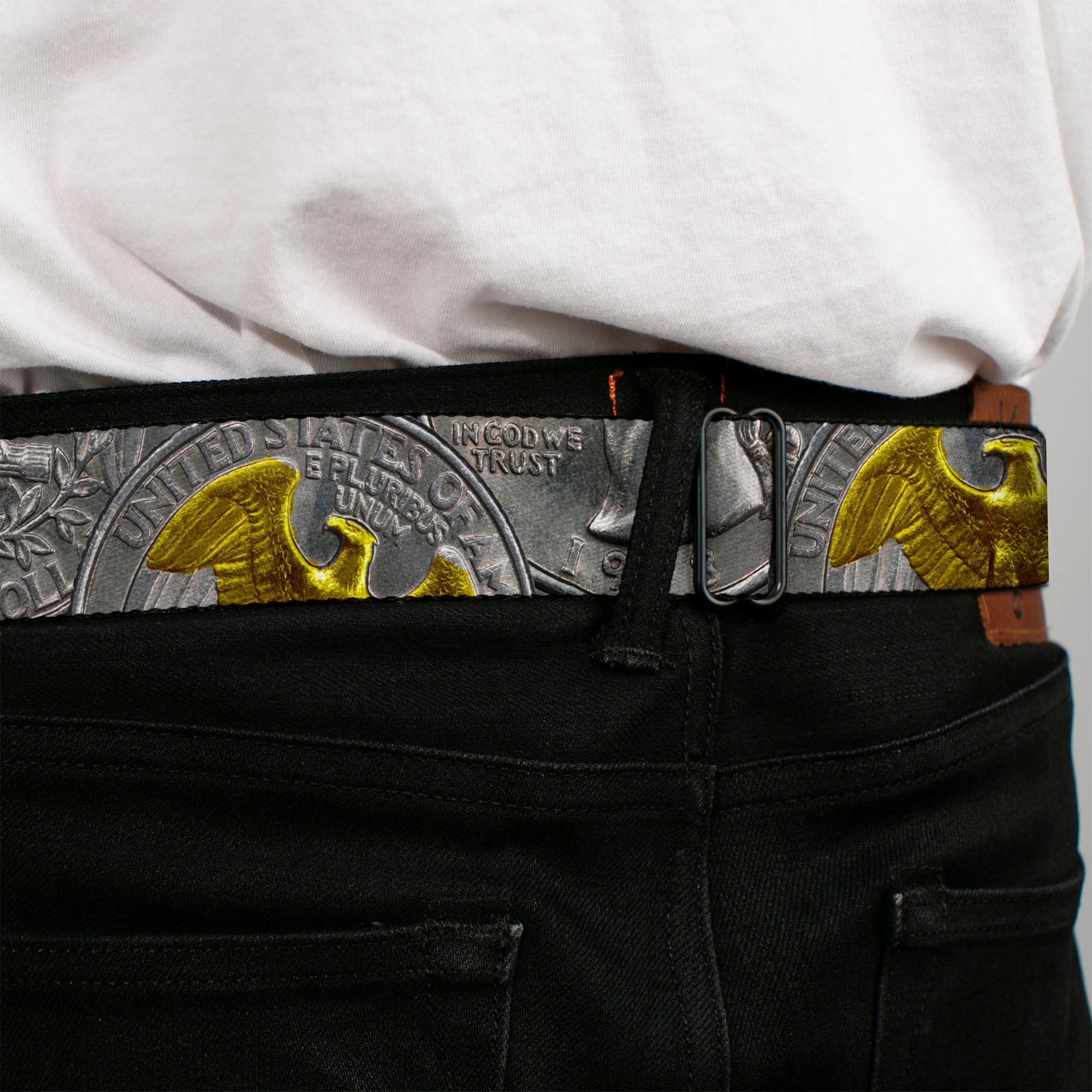 BD Wings Logo CLOSE-UP Black/Silver Seatbelt Belt - Quarter Coins Stacked Silvery Gray/Golden Yellow Webbing Seatbelt Belts Buckle-Down