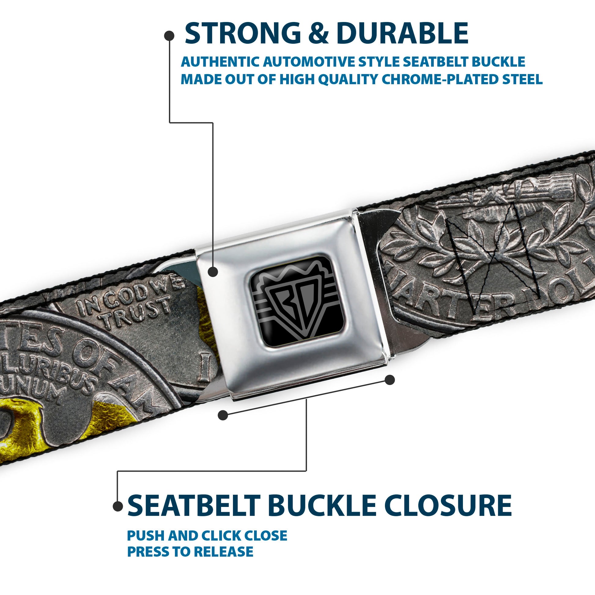 BD Wings Logo CLOSE-UP Black/Silver Seatbelt Belt - Quarter Coins Stacked Silvery Gray/Golden Yellow Webbing Seatbelt Belts Buckle-Down