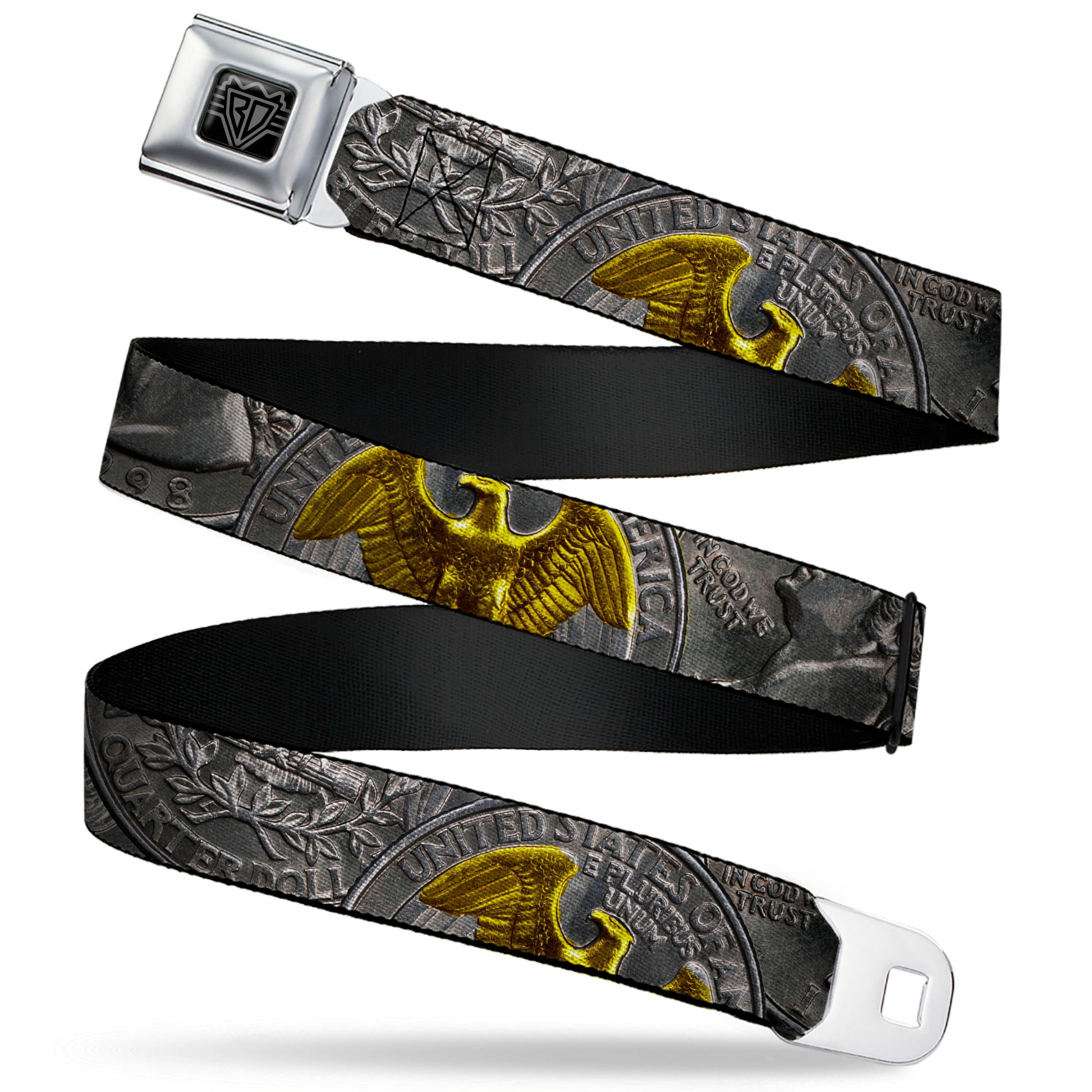 BD Wings Logo CLOSE-UP Black/Silver Seatbelt Belt - Quarter Coins Stacked Silvery Gray/Golden Yellow Webbing Seatbelt Belts Buckle-Down