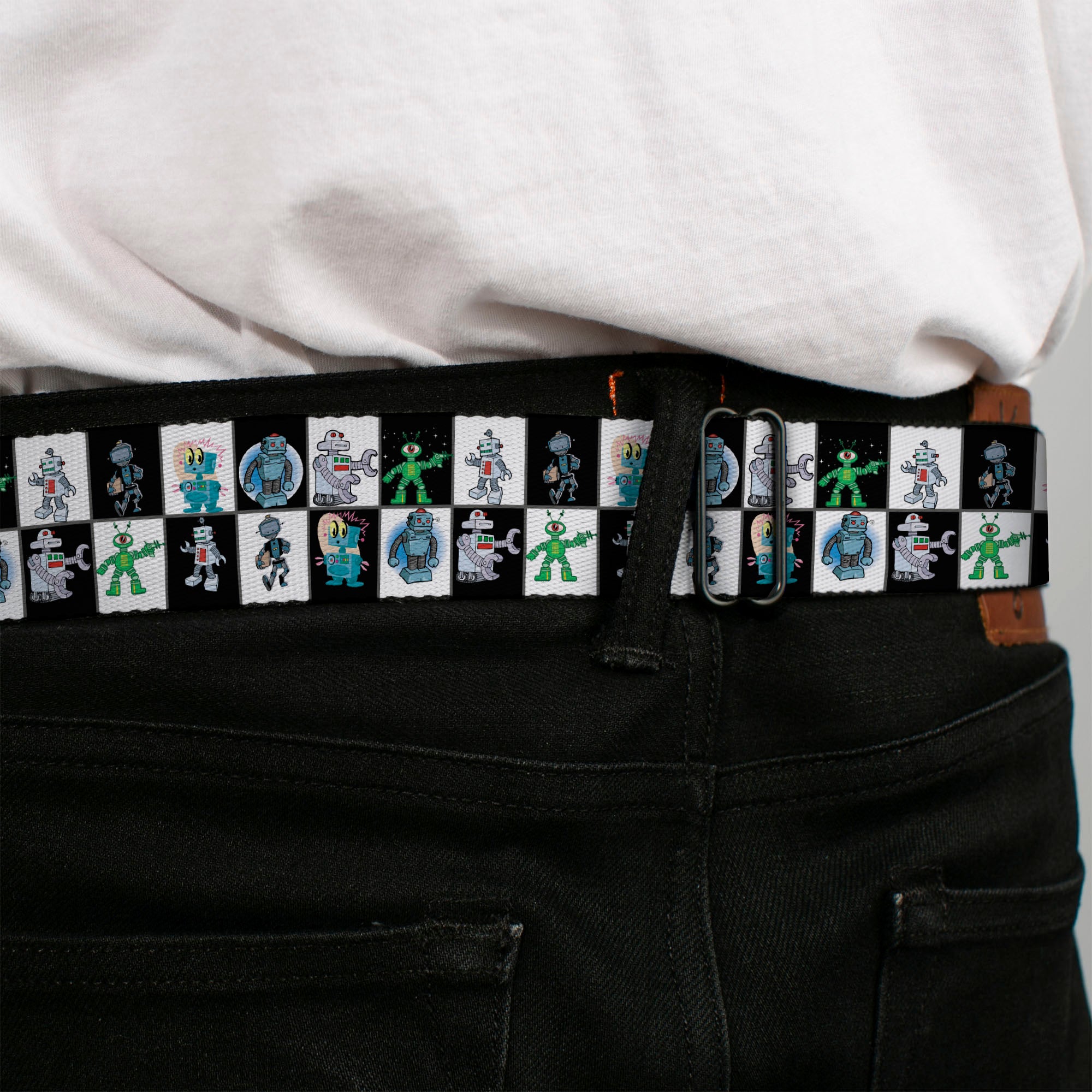 BD Wings Logo CLOSE-UP Full Color Black Silver Seatbelt Belt - Robot Checkers Black/White Webbing Seatbelt Belts Buckle-Down