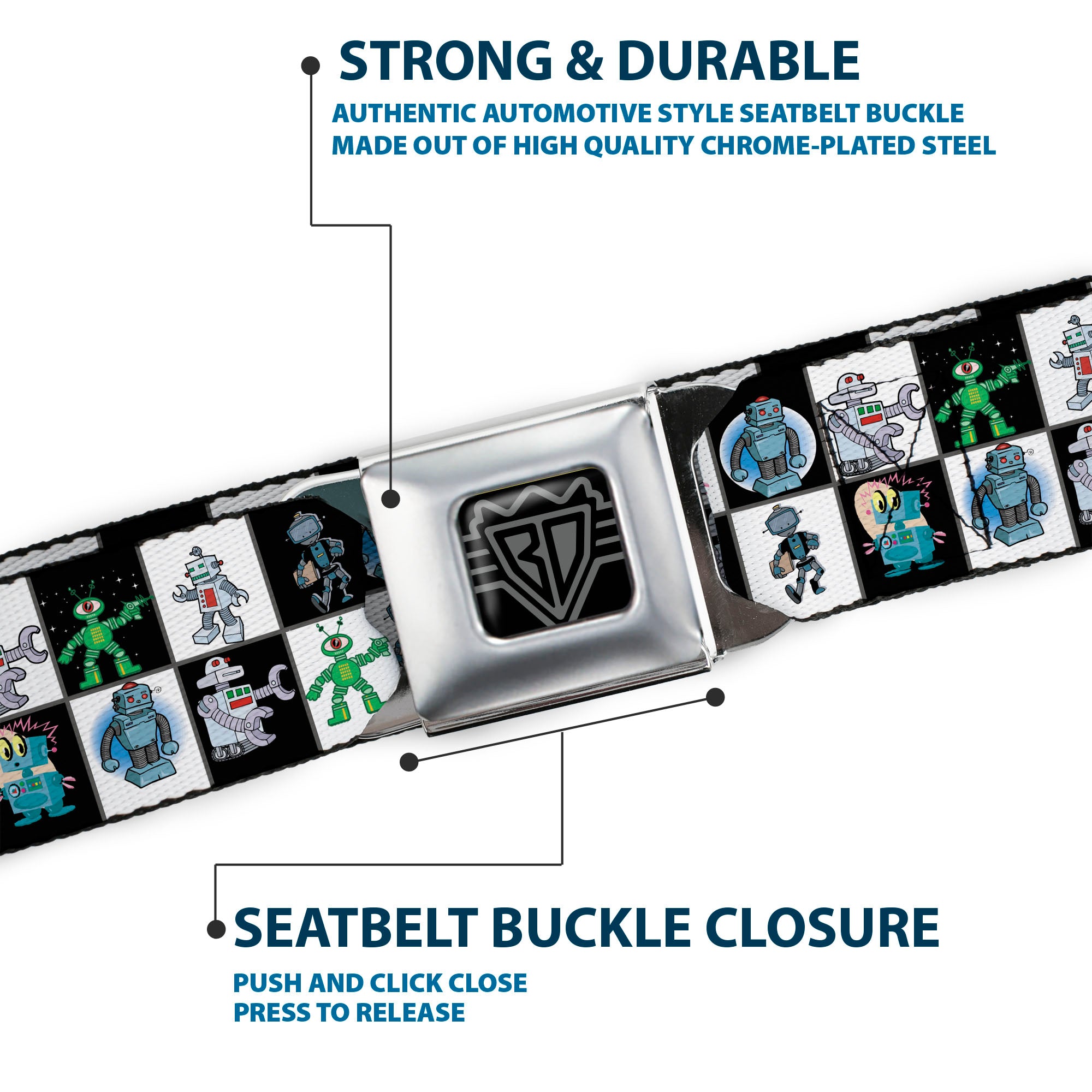 BD Wings Logo CLOSE-UP Full Color Black Silver Seatbelt Belt - Robot Checkers Black/White Webbing Seatbelt Belts Buckle-Down