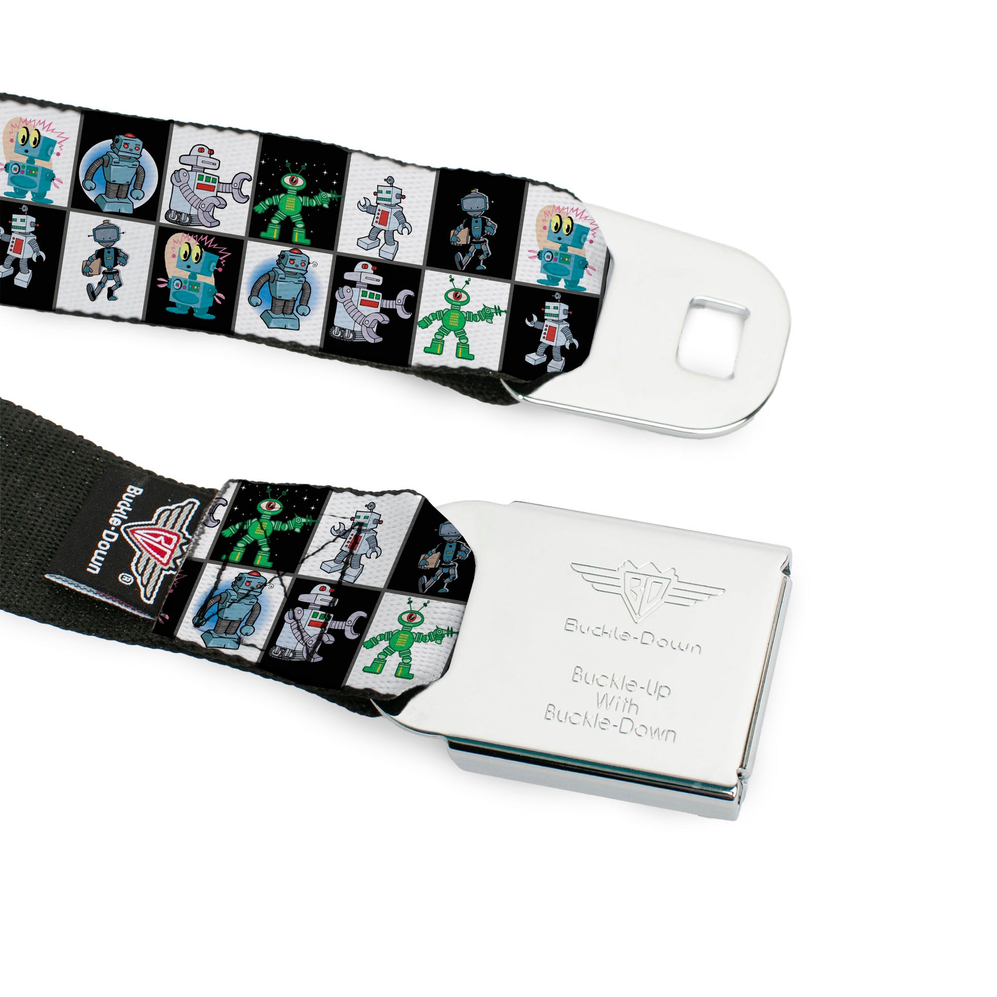 BD Wings Logo CLOSE-UP Full Color Black Silver Seatbelt Belt - Robot Checkers Black/White Webbing Seatbelt Belts Buckle-Down