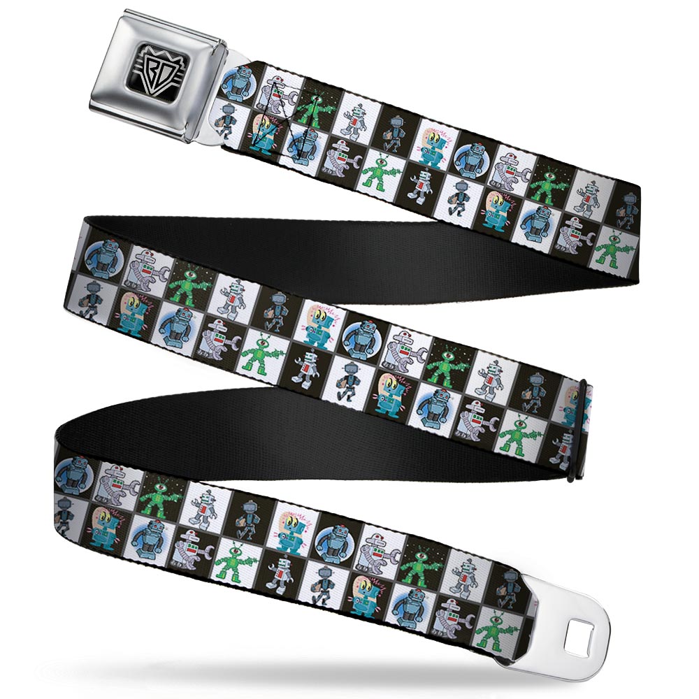 BD Wings Logo CLOSE-UP Full Color Black Silver Seatbelt Belt - Robot Checkers Black/White Webbing Seatbelt Belts Buckle-Down