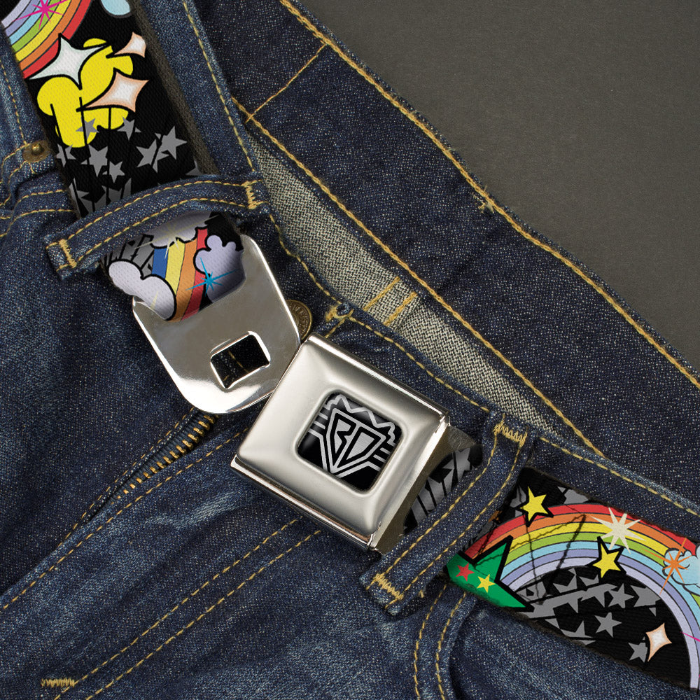 BD Wings Logo CLOSE-UP Full Color Black Silver Seatbelt Belt - Rainbow Cloud Stars Black Webbing Seatbelt Belts Buckle-Down