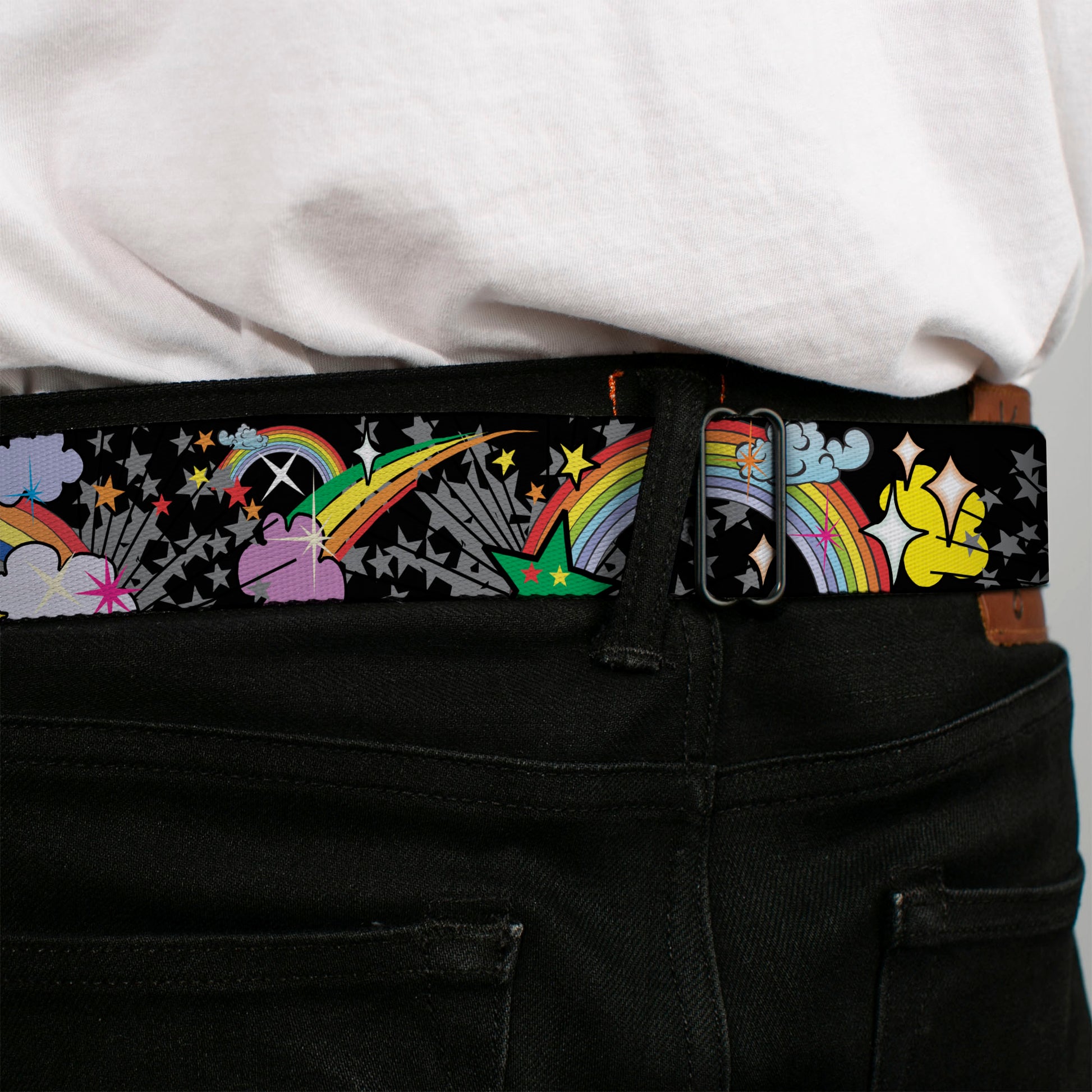 BD Wings Logo CLOSE-UP Full Color Black Silver Seatbelt Belt - Rainbow Cloud Stars Black Webbing Seatbelt Belts Buckle-Down