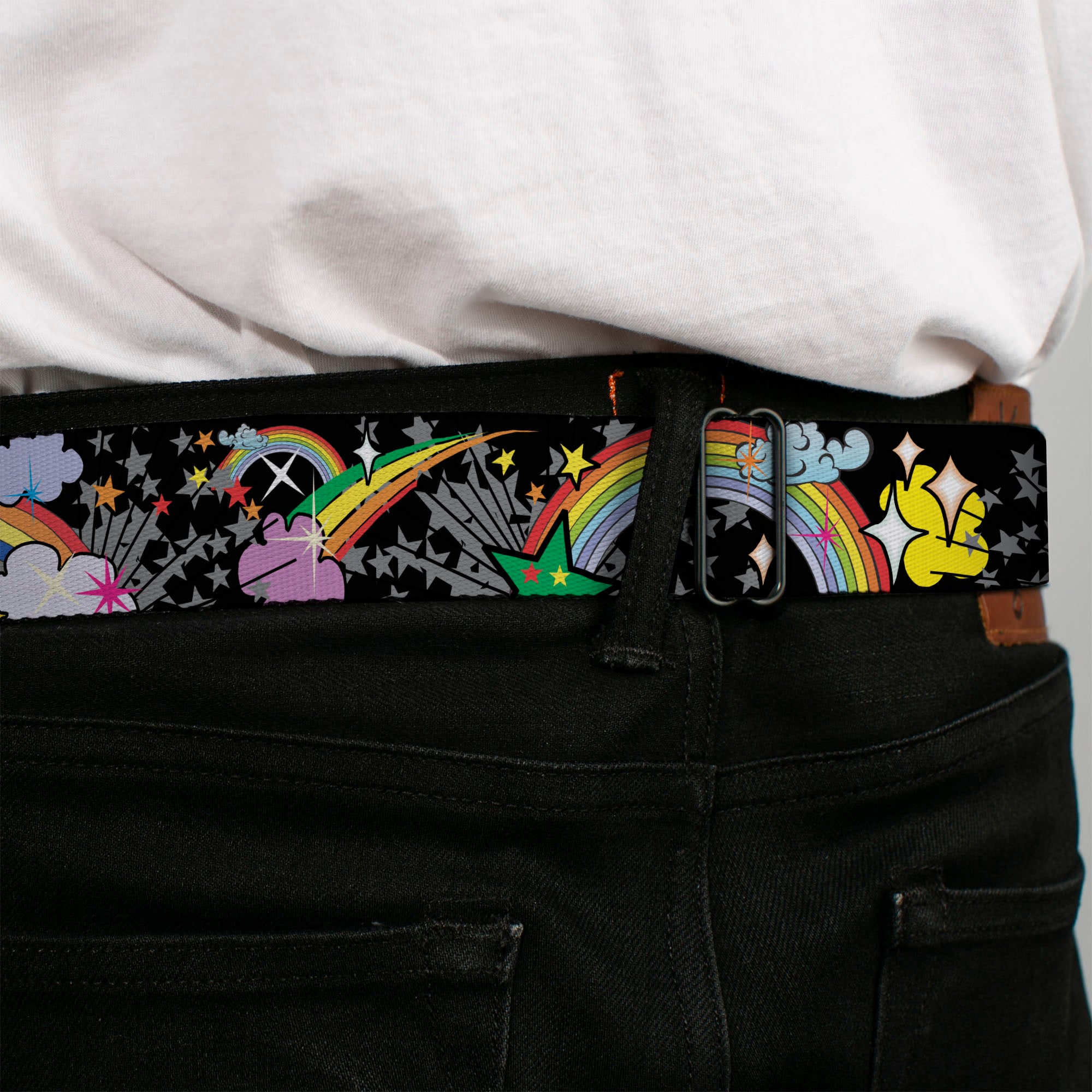 BD Wings Logo CLOSE-UP Full Color Black Silver Seatbelt Belt - Rainbow Cloud Stars Black Webbing Seatbelt Belts Buckle-Down