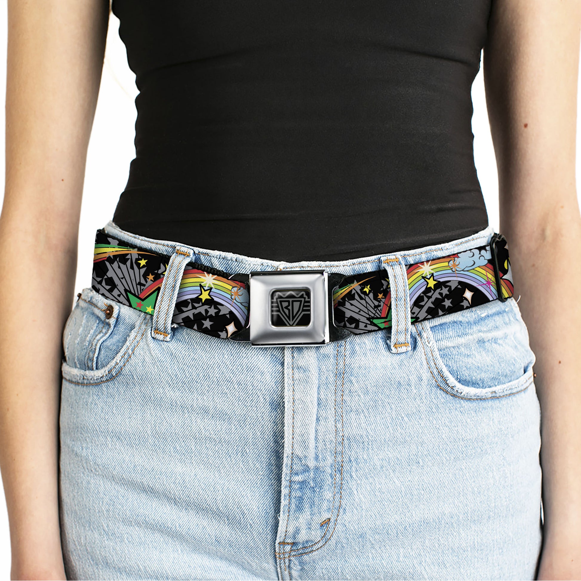 BD Wings Logo CLOSE-UP Full Color Black Silver Seatbelt Belt - Rainbow Cloud Stars Black Webbing Seatbelt Belts Buckle-Down