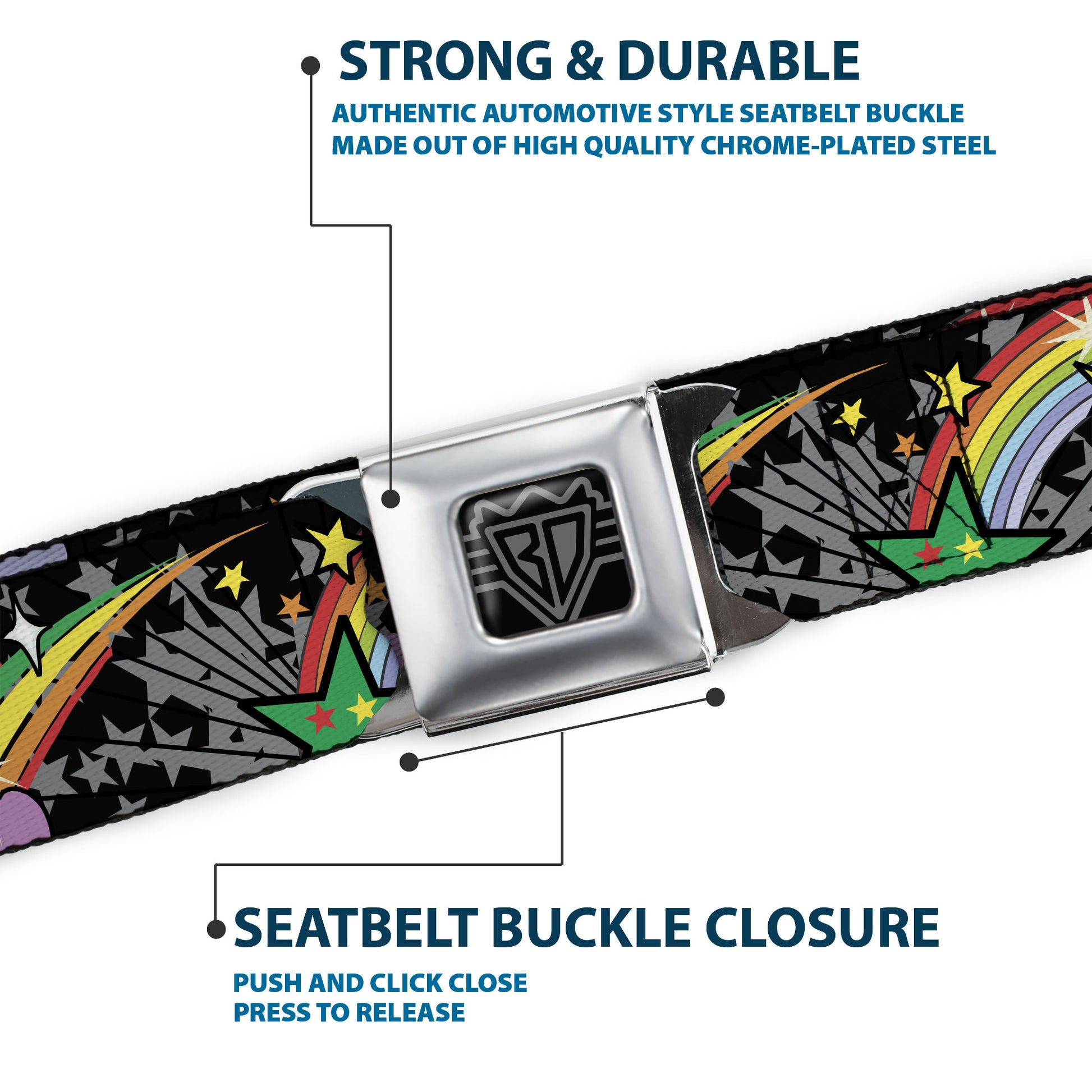 BD Wings Logo CLOSE-UP Full Color Black Silver Seatbelt Belt - Rainbow Cloud Stars Black Webbing Seatbelt Belts Buckle-Down