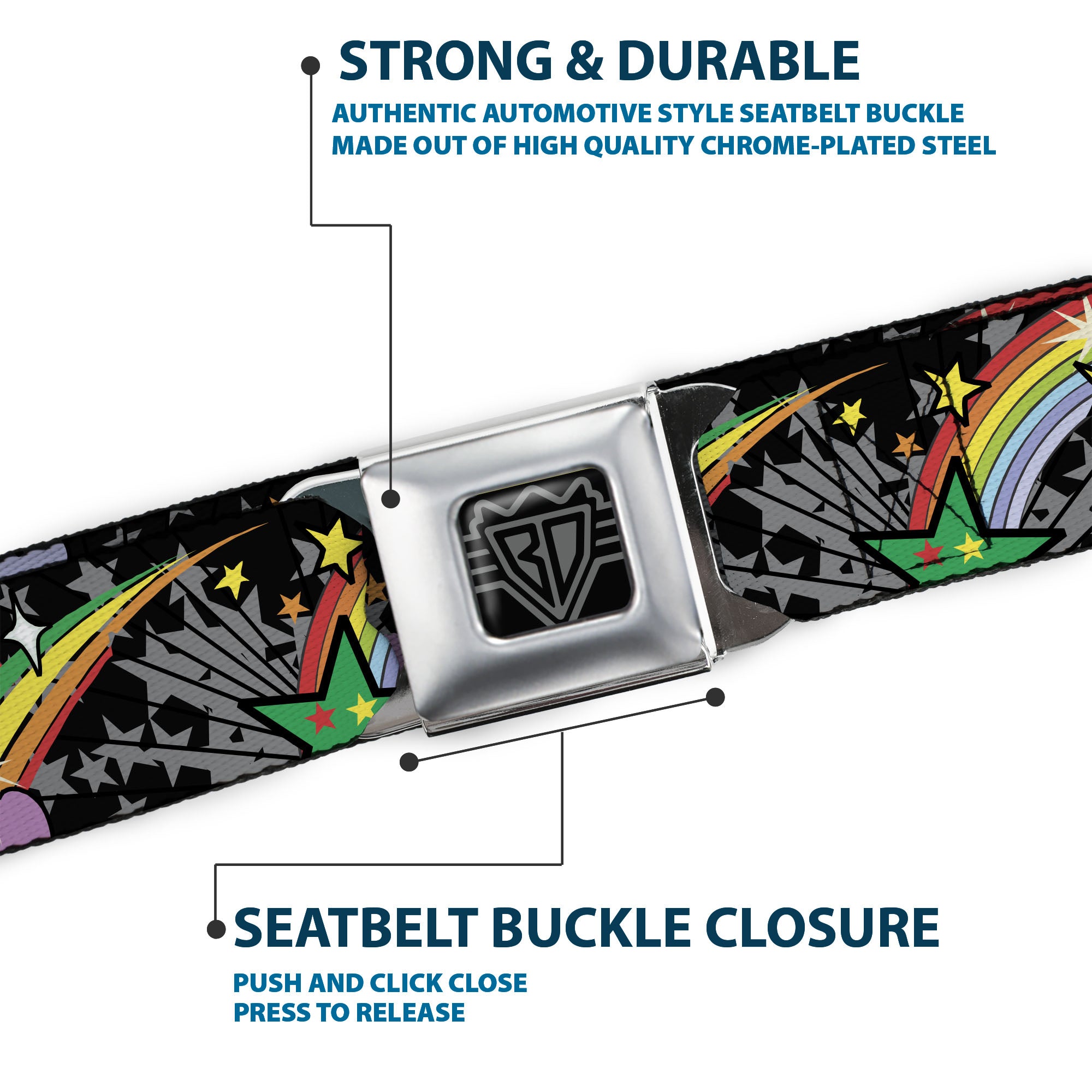 BD Wings Logo CLOSE-UP Full Color Black Silver Seatbelt Belt - Rainbow Cloud Stars Black Webbing Seatbelt Belts Buckle-Down