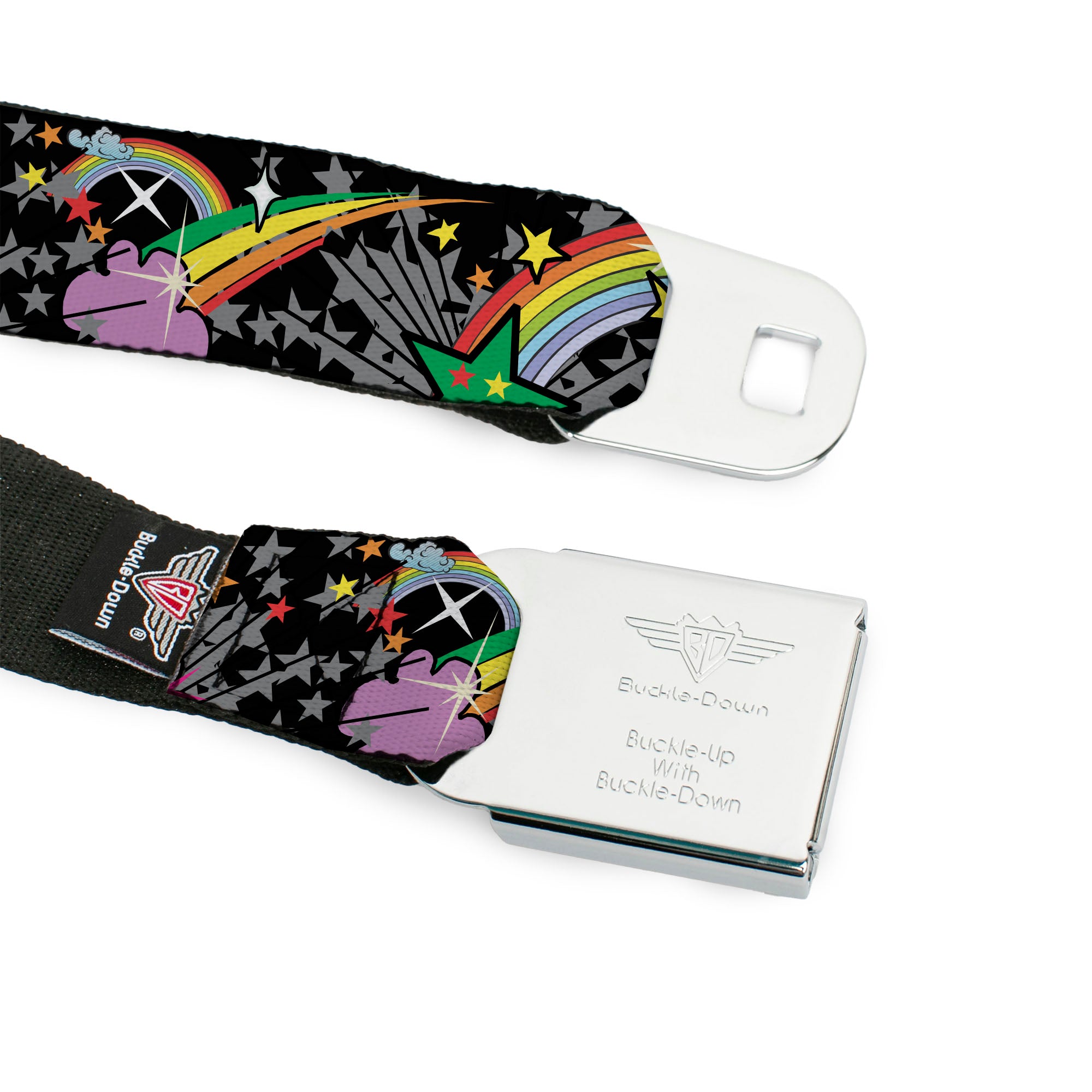 BD Wings Logo CLOSE-UP Full Color Black Silver Seatbelt Belt - Rainbow Cloud Stars Black Webbing Seatbelt Belts Buckle-Down