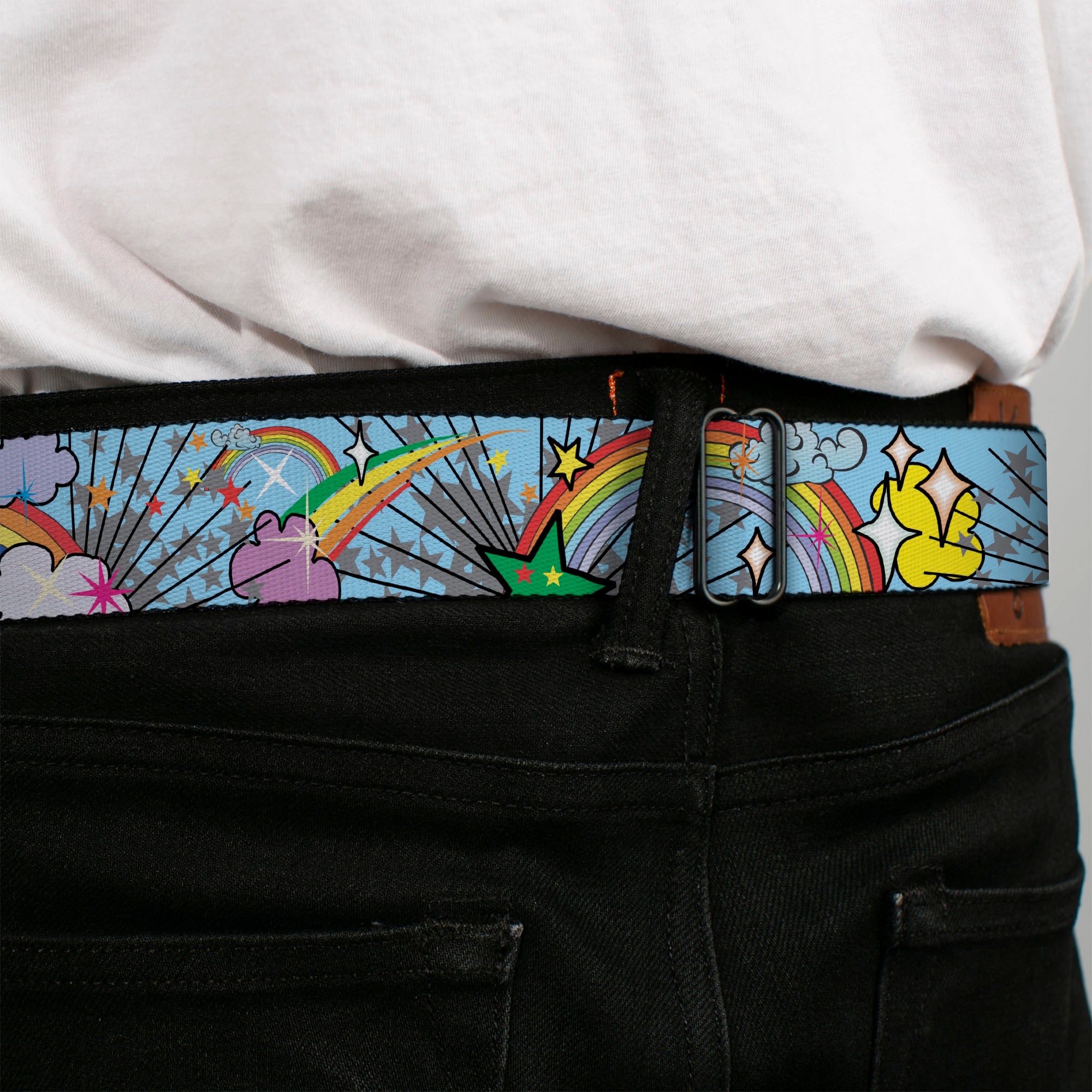 BD Wings Logo CLOSE-UP Full Color Black Silver Seatbelt Belt - Rainbow Cloud Stars Baby Blue Webbing Seatbelt Belts Buckle-Down