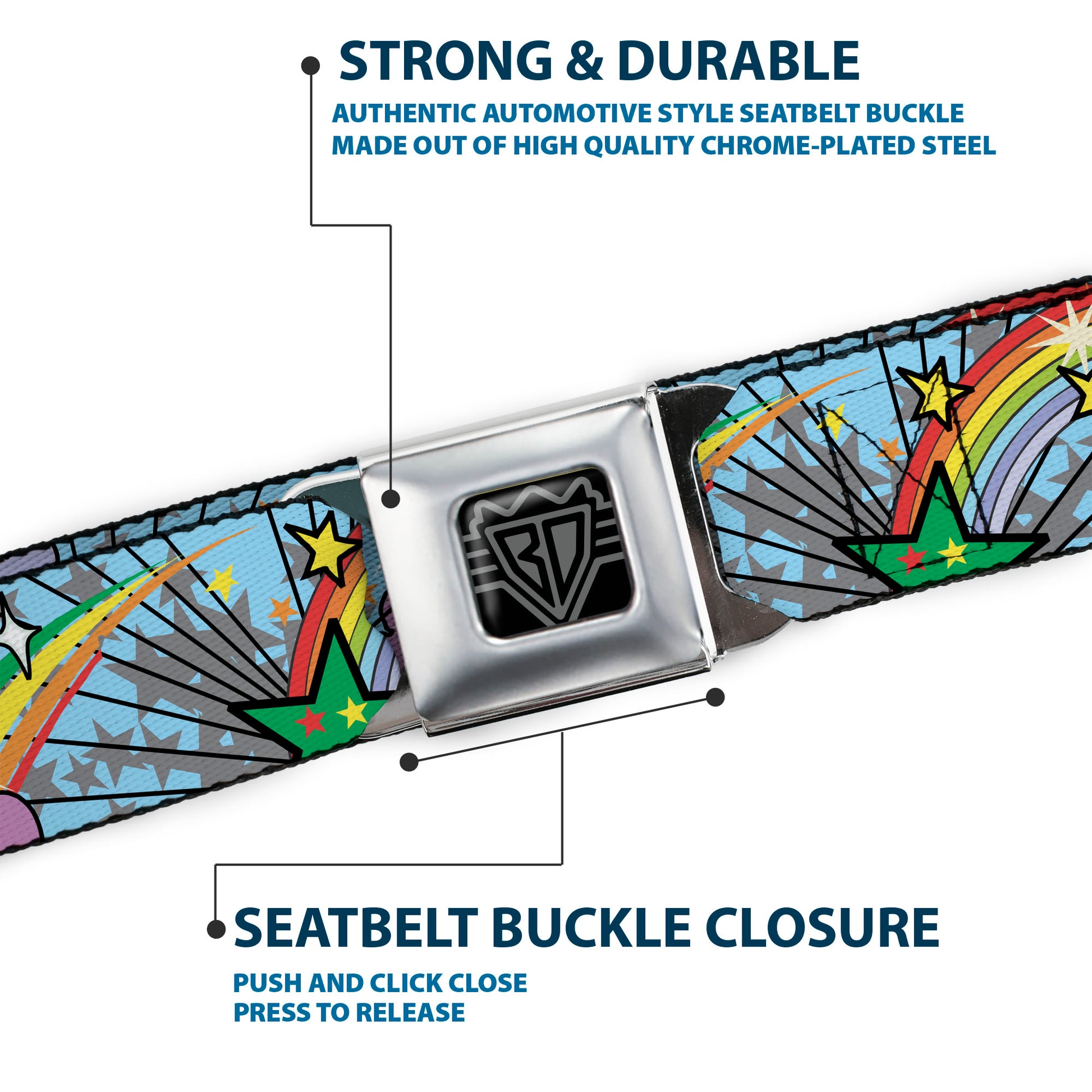 BD Wings Logo CLOSE-UP Full Color Black Silver Seatbelt Belt - Rainbow Cloud Stars Baby Blue Webbing Seatbelt Belts Buckle-Down