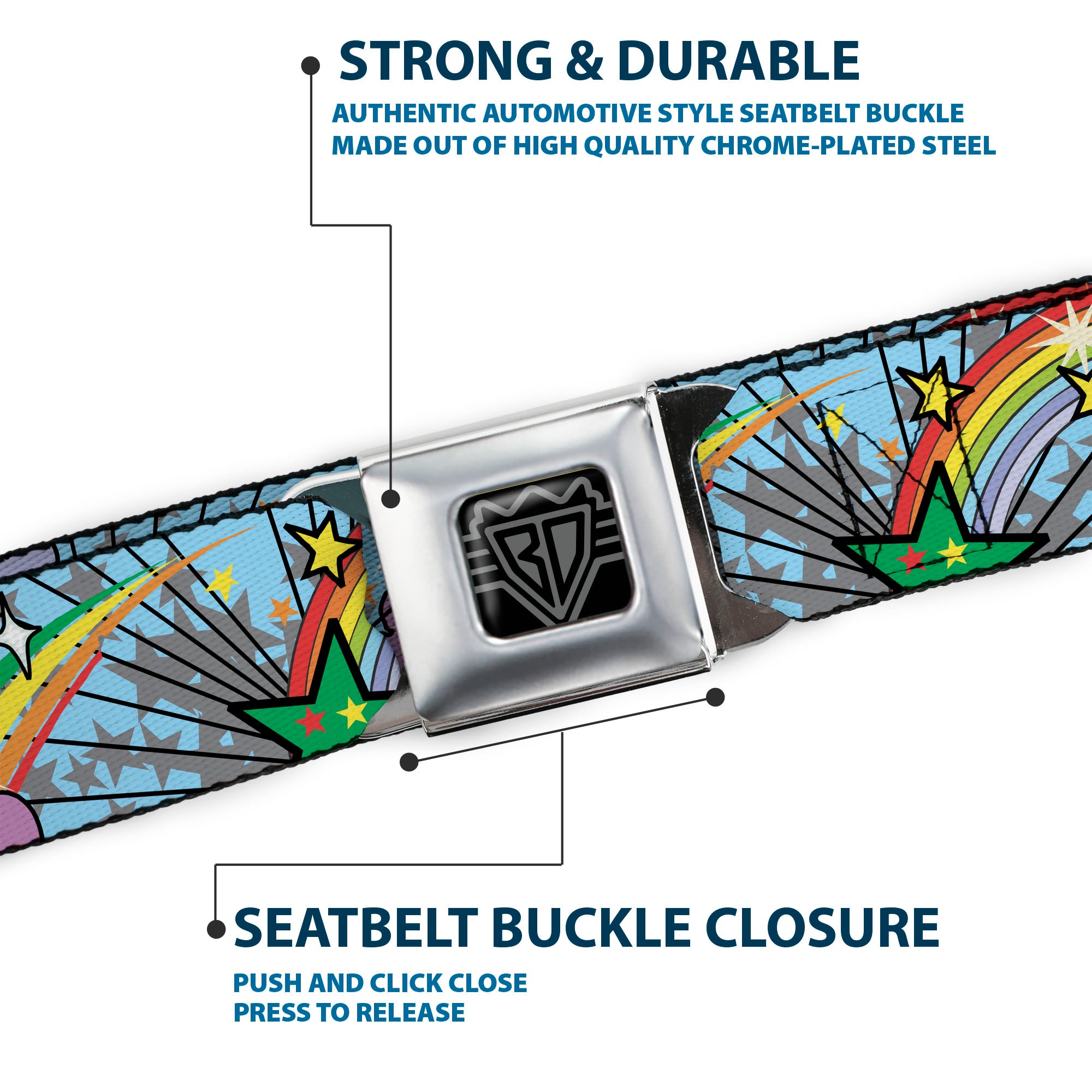BD Wings Logo CLOSE-UP Full Color Black Silver Seatbelt Belt - Rainbow Cloud Stars Baby Blue Webbing Seatbelt Belts Buckle-Down