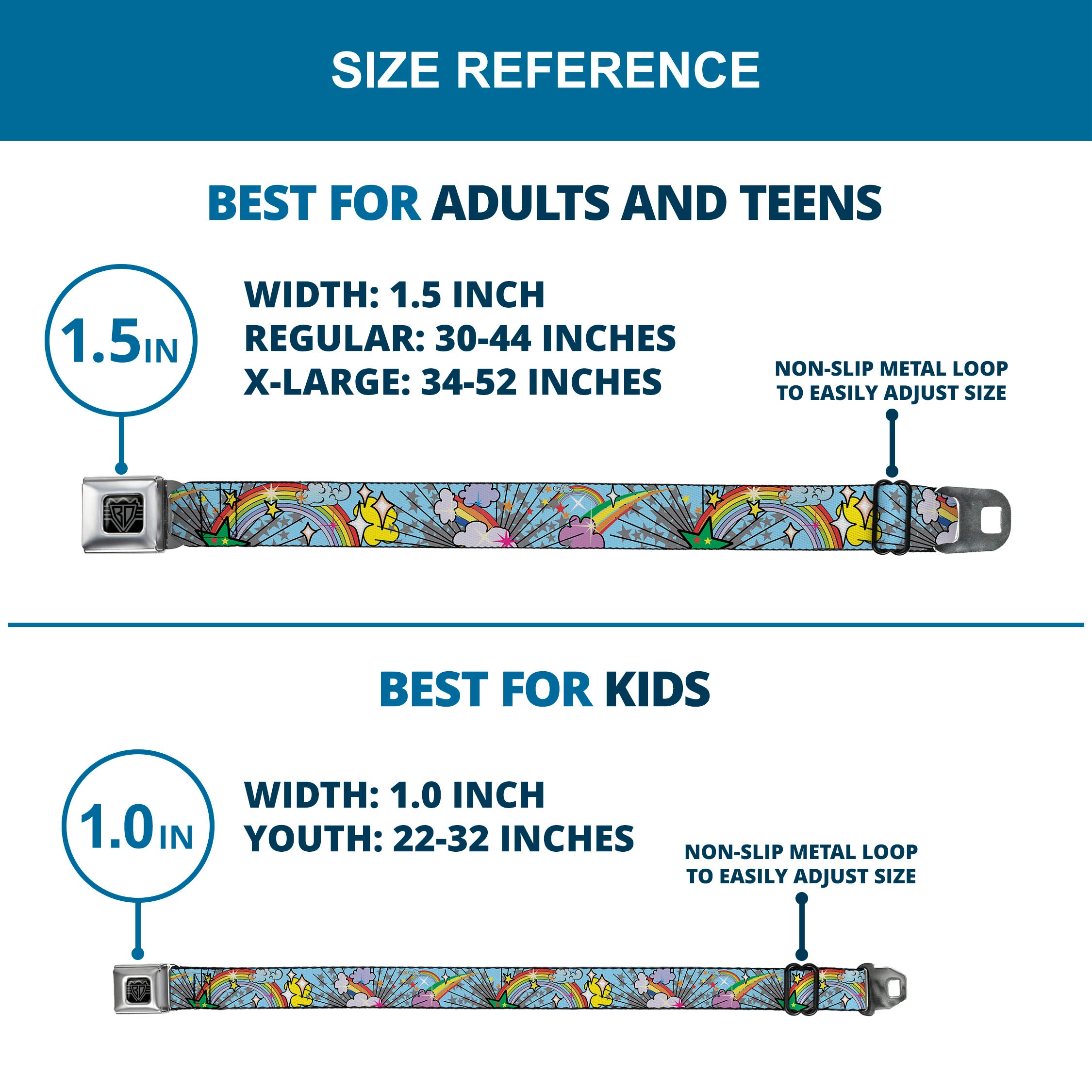 BD Wings Logo CLOSE-UP Full Color Black Silver Seatbelt Belt - Rainbow Cloud Stars Baby Blue Webbing Seatbelt Belts Buckle-Down