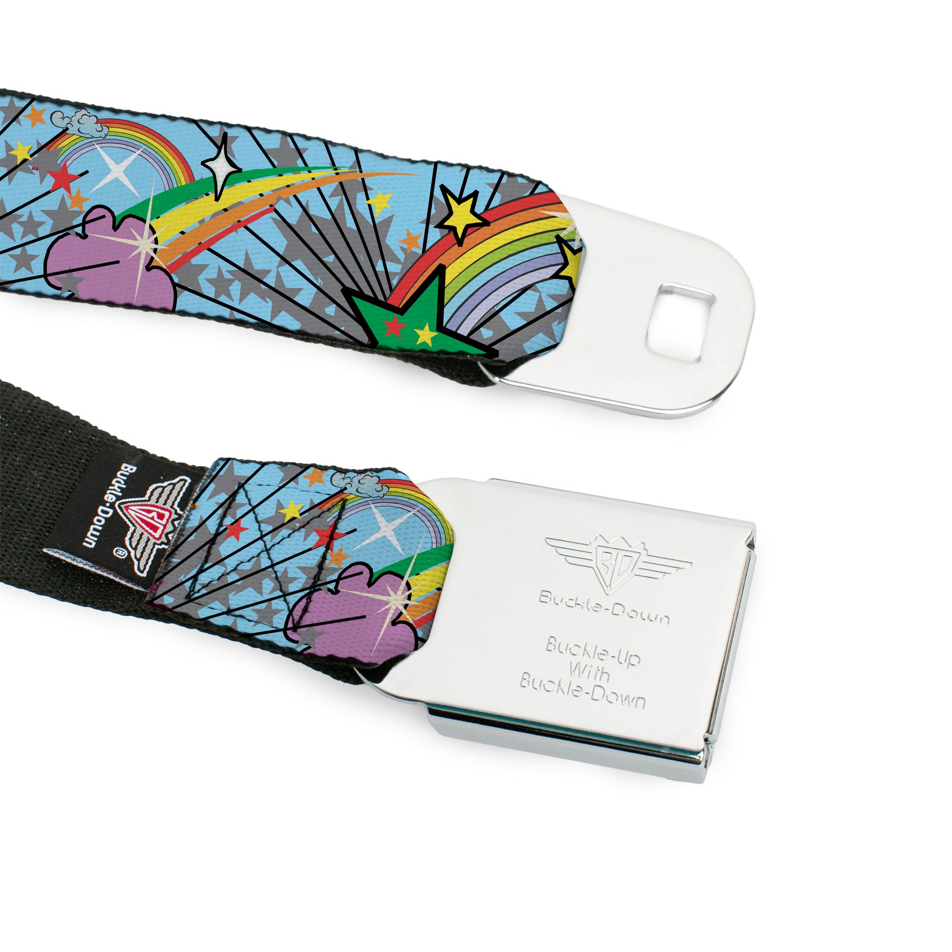BD Wings Logo CLOSE-UP Full Color Black Silver Seatbelt Belt - Rainbow Cloud Stars Baby Blue Webbing Seatbelt Belts Buckle-Down
