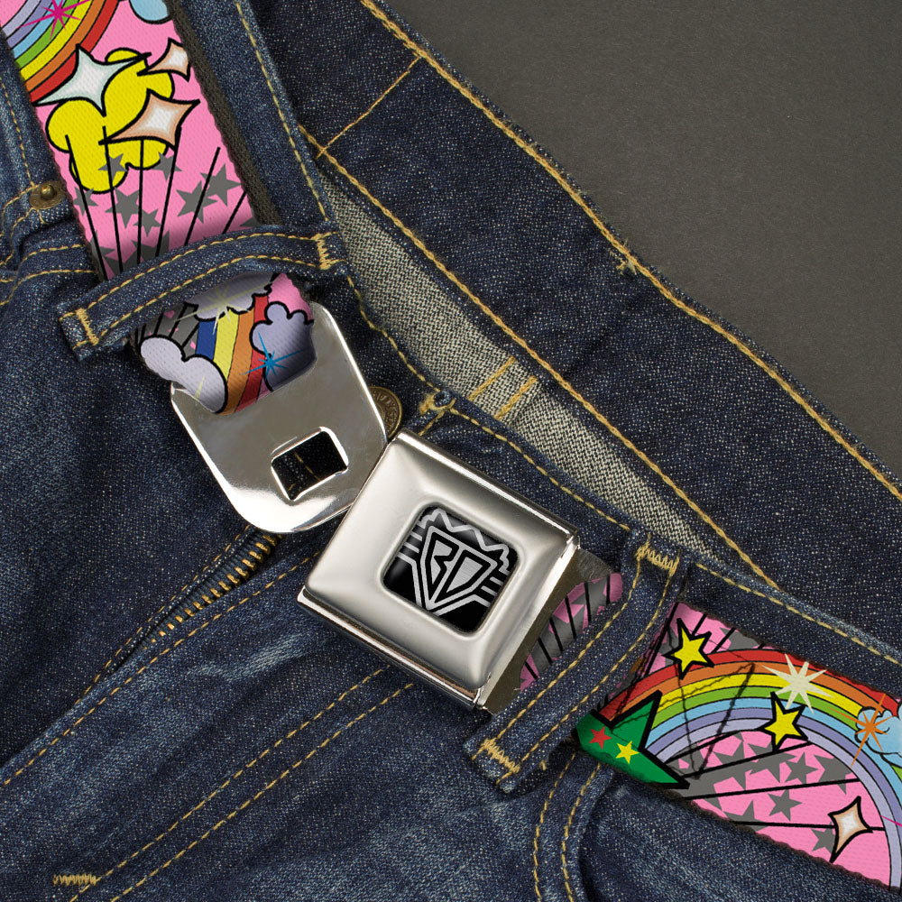 BD Wings Logo CLOSE-UP Full Color Black Silver Seatbelt Belt - Rainbow Cloud Stars Pink Webbing Seatbelt Belts Buckle-Down