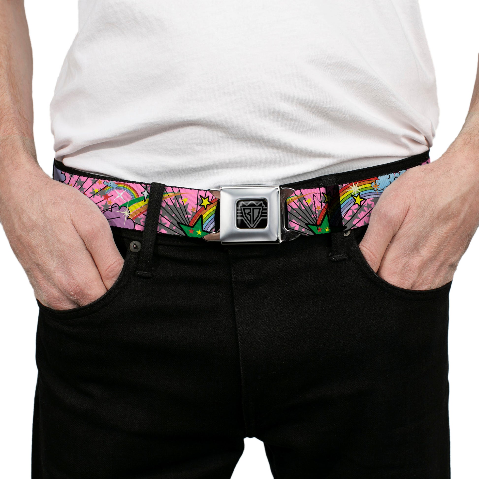 BD Wings Logo CLOSE-UP Full Color Black Silver Seatbelt Belt - Rainbow Cloud Stars Pink Webbing Seatbelt Belts Buckle-Down