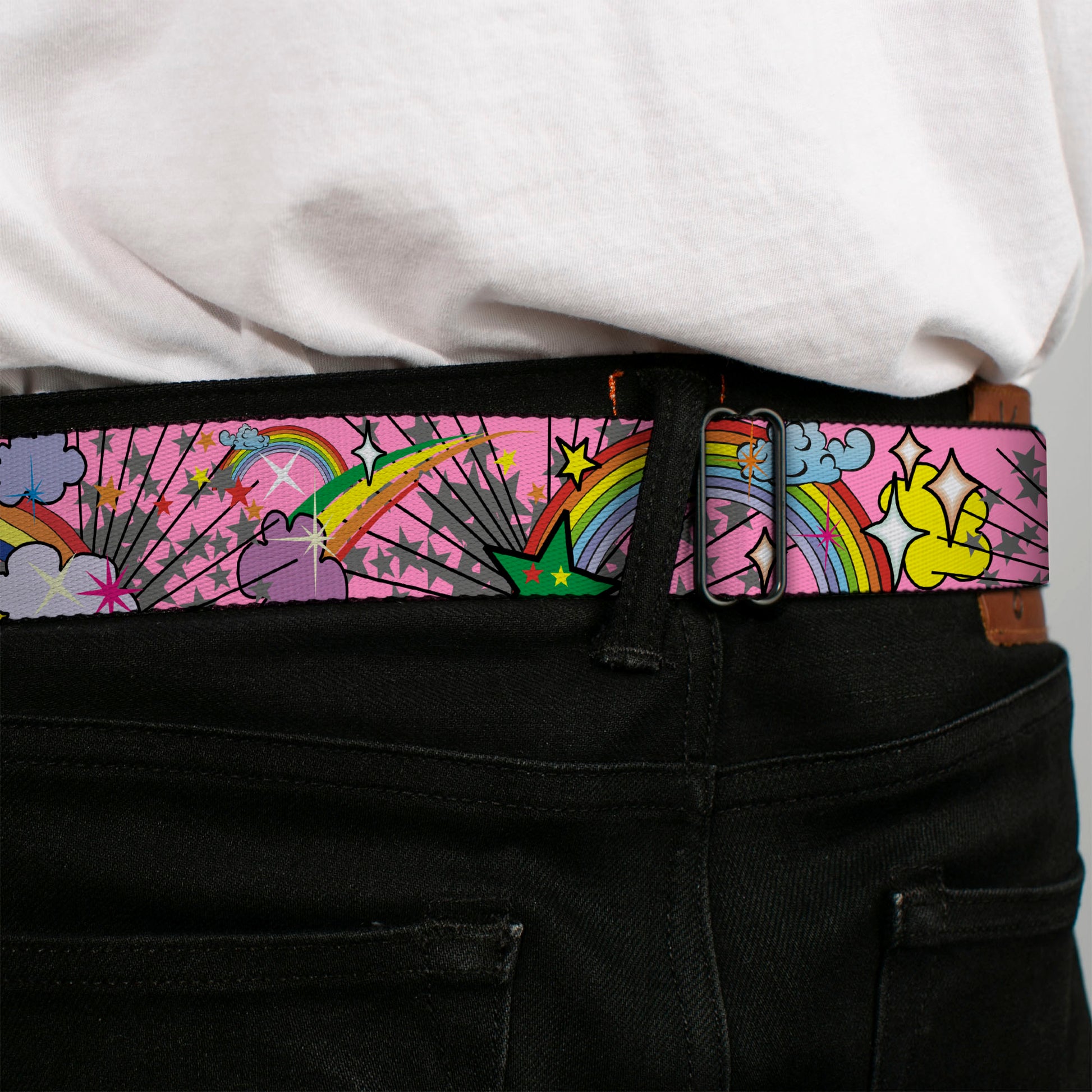 BD Wings Logo CLOSE-UP Full Color Black Silver Seatbelt Belt - Rainbow Cloud Stars Pink Webbing Seatbelt Belts Buckle-Down