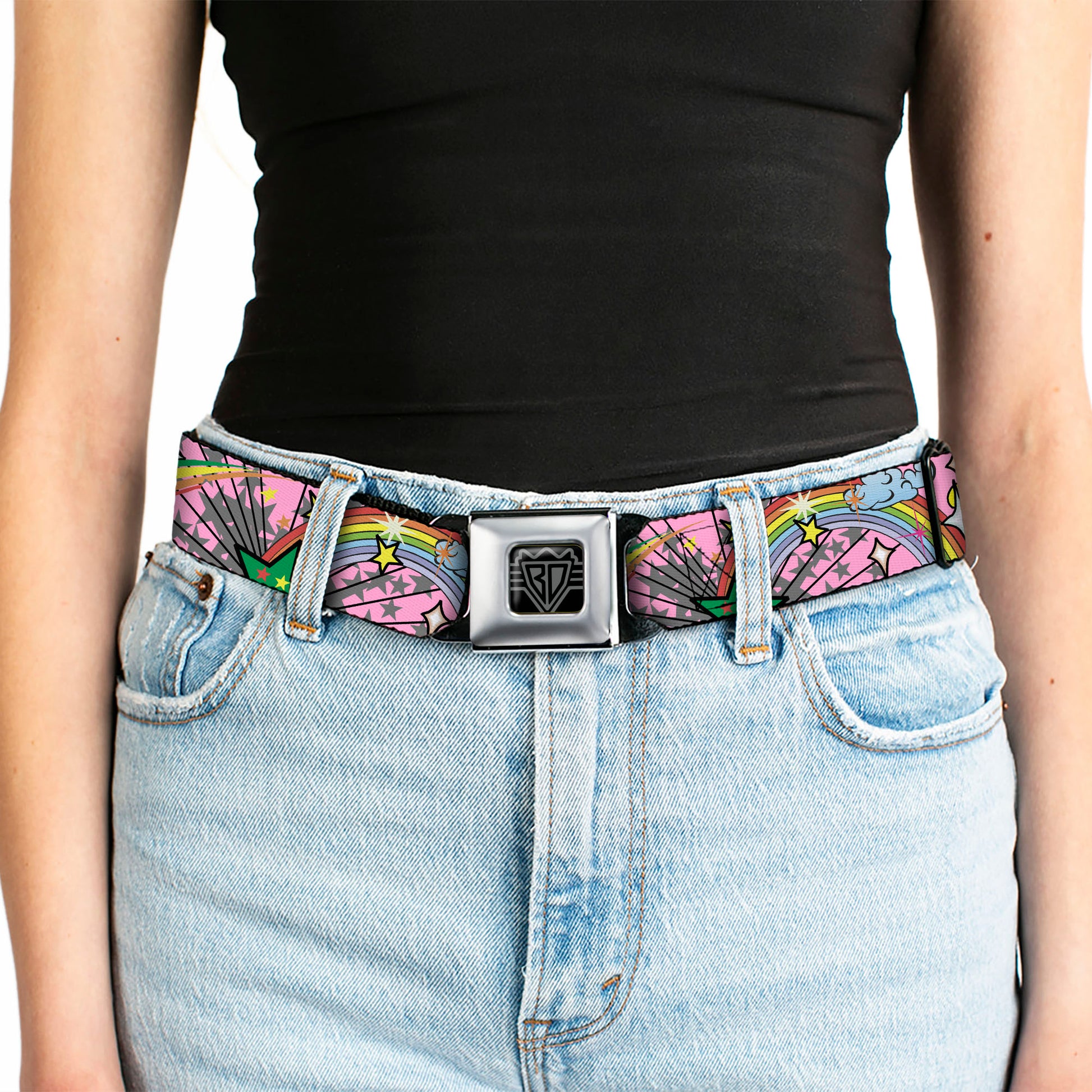 BD Wings Logo CLOSE-UP Full Color Black Silver Seatbelt Belt - Rainbow Cloud Stars Pink Webbing Seatbelt Belts Buckle-Down