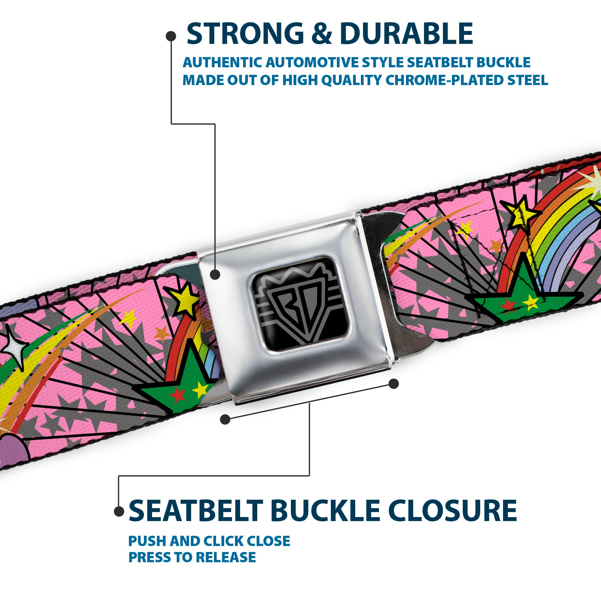 BD Wings Logo CLOSE-UP Full Color Black Silver Seatbelt Belt - Rainbow Cloud Stars Pink Webbing Seatbelt Belts Buckle-Down