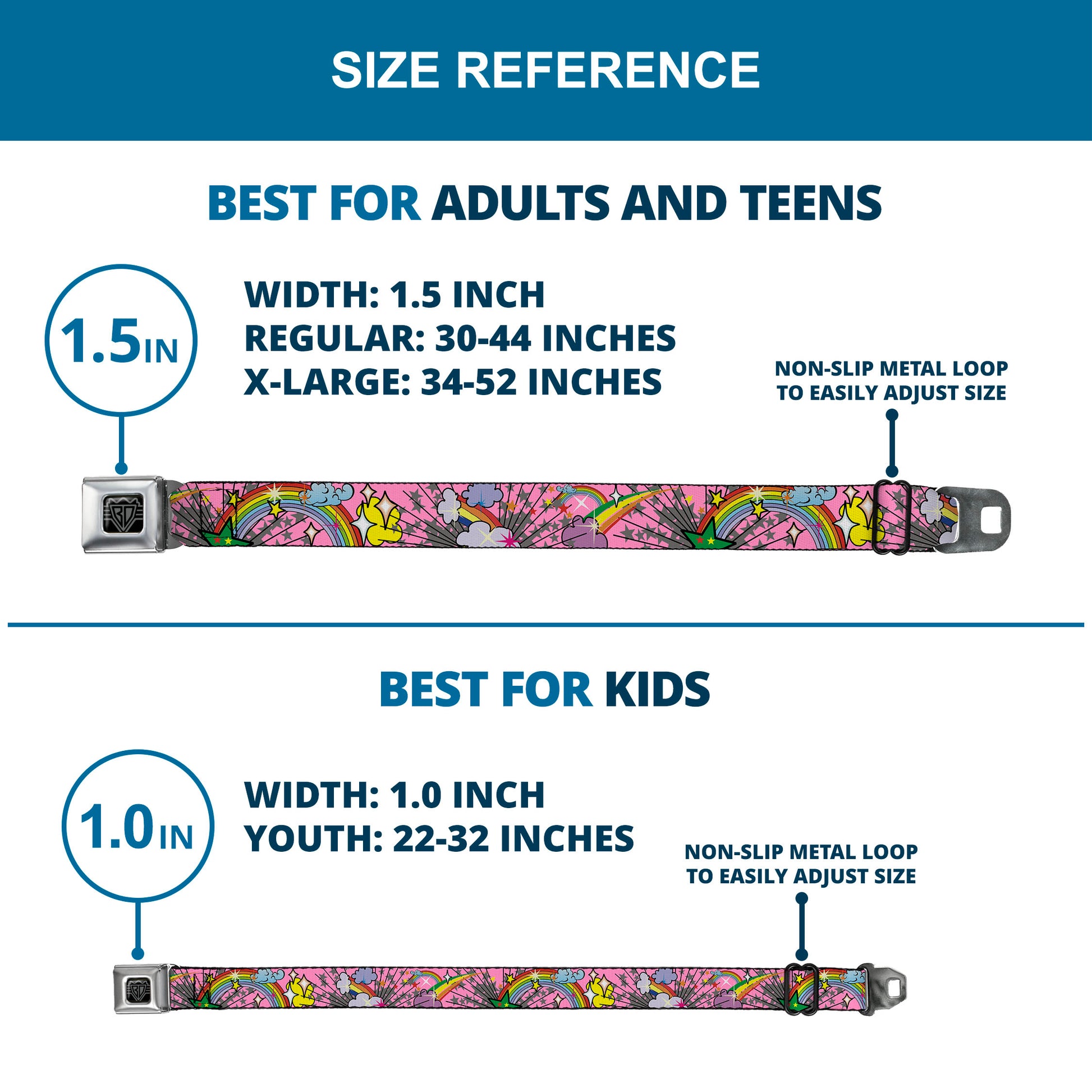 BD Wings Logo CLOSE-UP Full Color Black Silver Seatbelt Belt - Rainbow Cloud Stars Pink Webbing Seatbelt Belts Buckle-Down