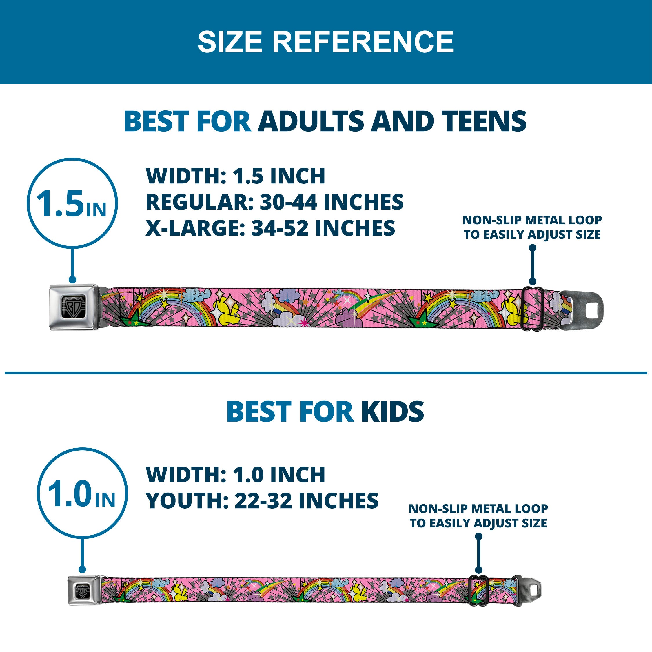 BD Wings Logo CLOSE-UP Full Color Black Silver Seatbelt Belt - Rainbow Cloud Stars Pink Webbing Seatbelt Belts Buckle-Down