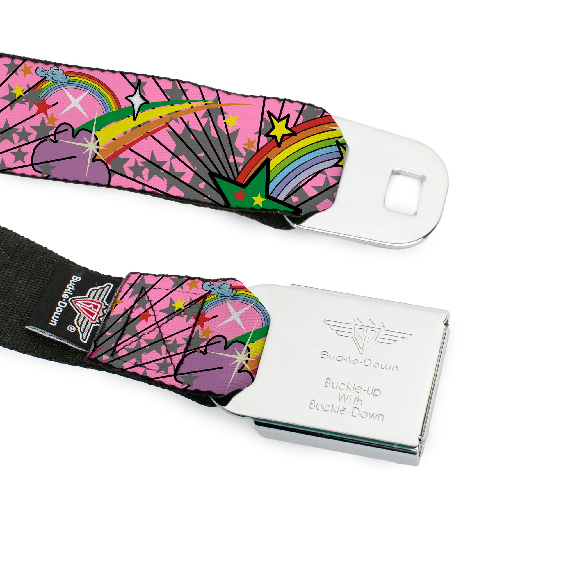 BD Wings Logo CLOSE-UP Full Color Black Silver Seatbelt Belt - Rainbow Cloud Stars Pink Webbing Seatbelt Belts Buckle-Down