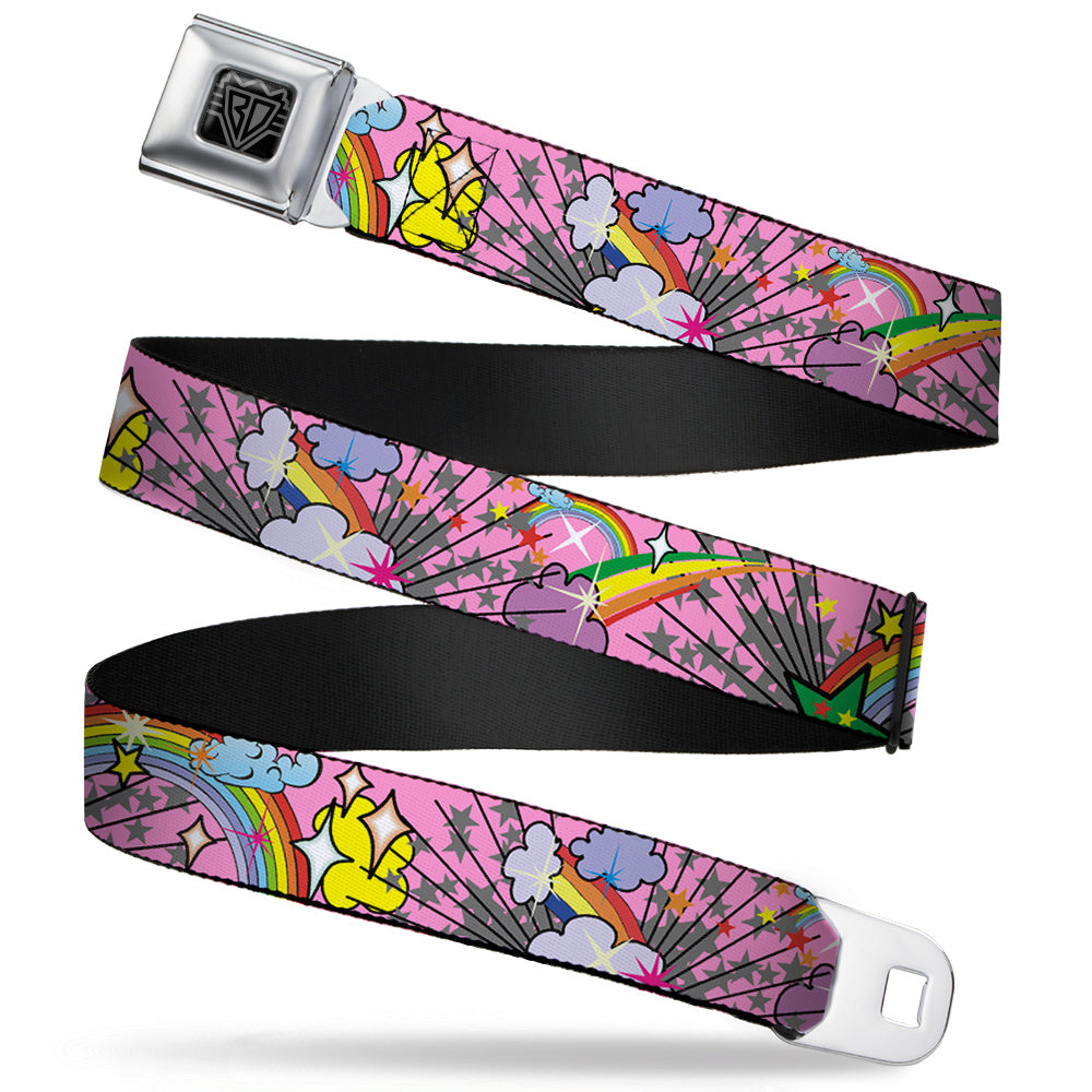 BD Wings Logo CLOSE-UP Full Color Black Silver Seatbelt Belt - Rainbow Cloud Stars Pink Webbing Seatbelt Belts Buckle-Down