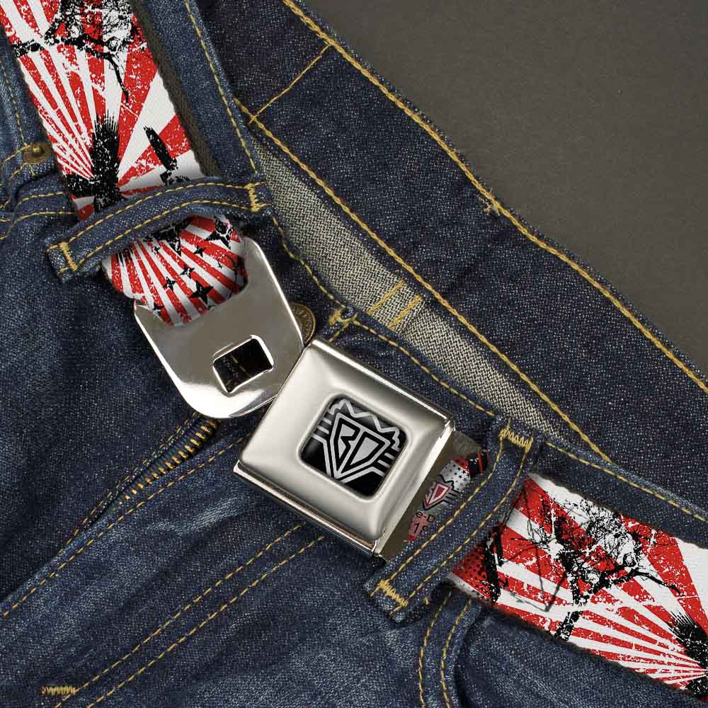 BD Wings Logo CLOSE-UP Full Color Black Silver Seatbelt Belt - Rising Sun White/Red Webbing Seatbelt Belts Buckle-Down