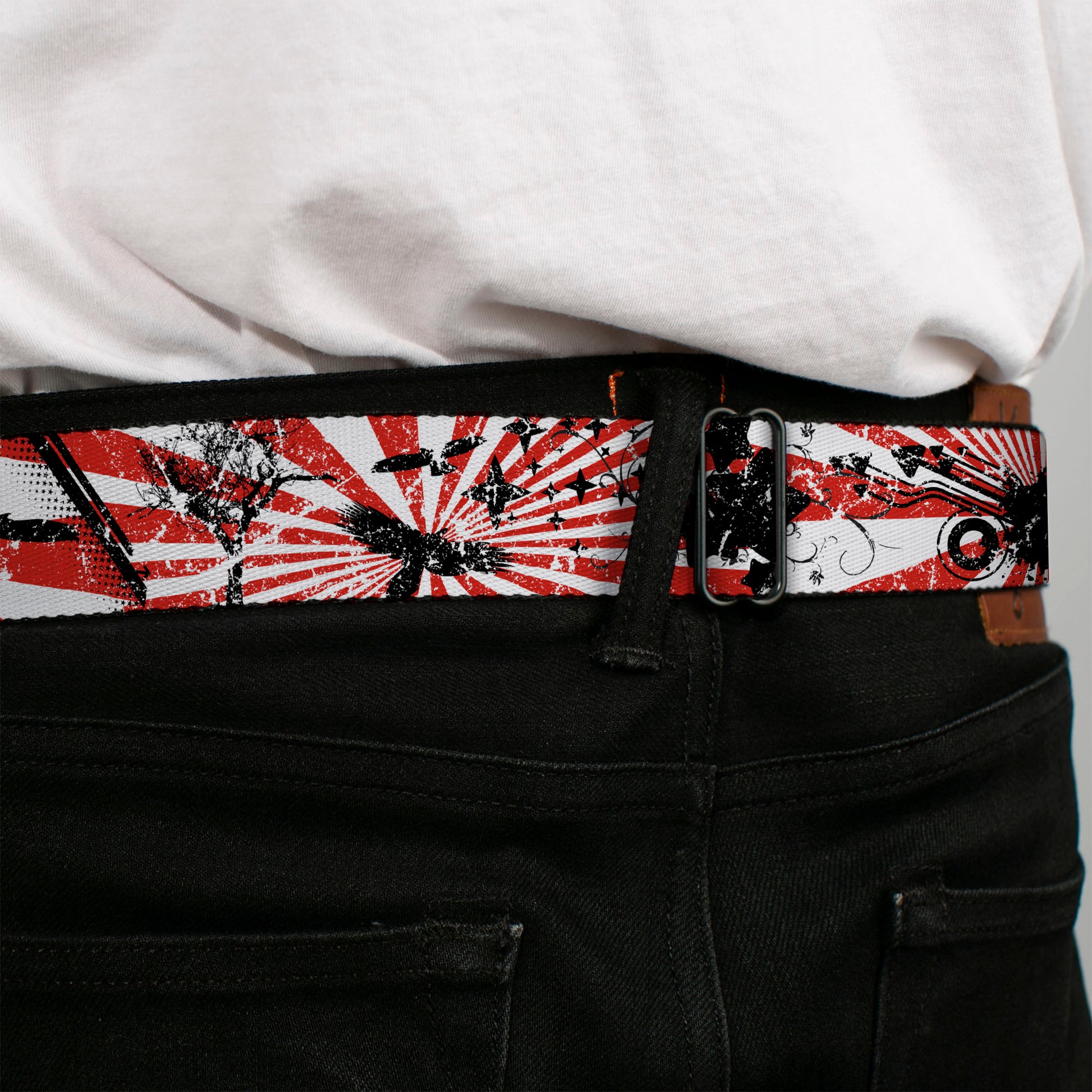 BD Wings Logo CLOSE-UP Full Color Black Silver Seatbelt Belt - Rising Sun White/Red Webbing Seatbelt Belts Buckle-Down