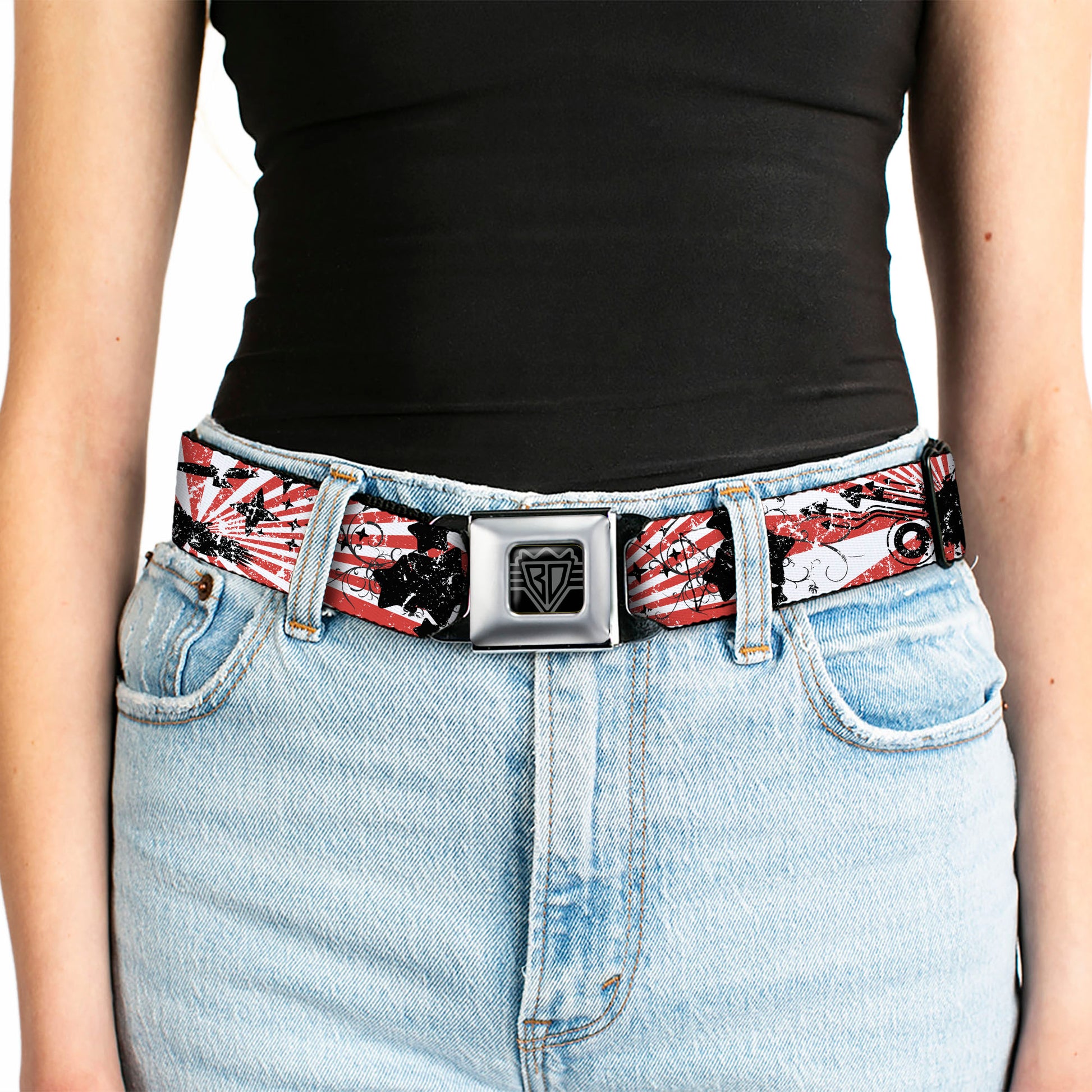 BD Wings Logo CLOSE-UP Full Color Black Silver Seatbelt Belt - Rising Sun White/Red Webbing Seatbelt Belts Buckle-Down