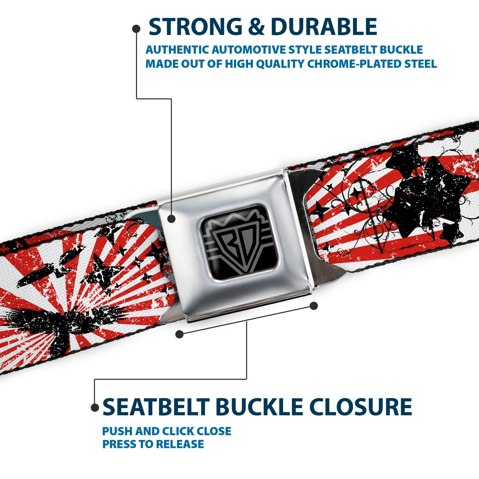BD Wings Logo CLOSE-UP Full Color Black Silver Seatbelt Belt - Rising Sun White/Red Webbing Seatbelt Belts Buckle-Down