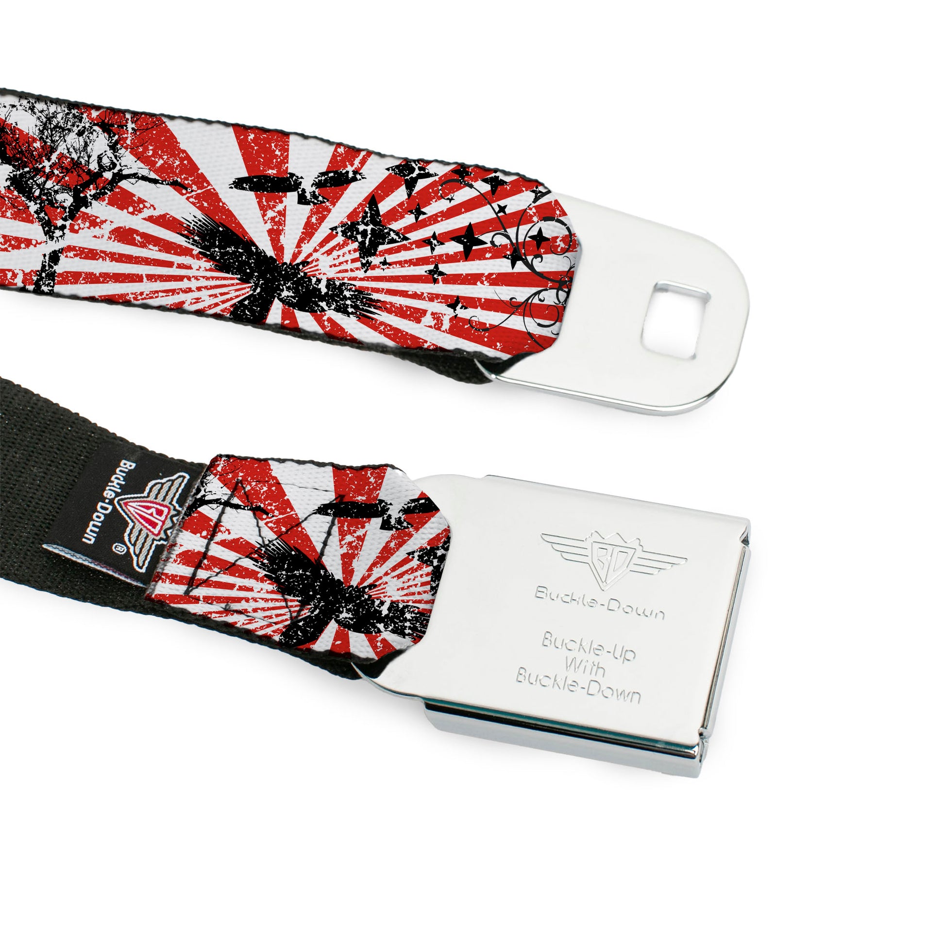 BD Wings Logo CLOSE-UP Full Color Black Silver Seatbelt Belt - Rising Sun White/Red Webbing Seatbelt Belts Buckle-Down