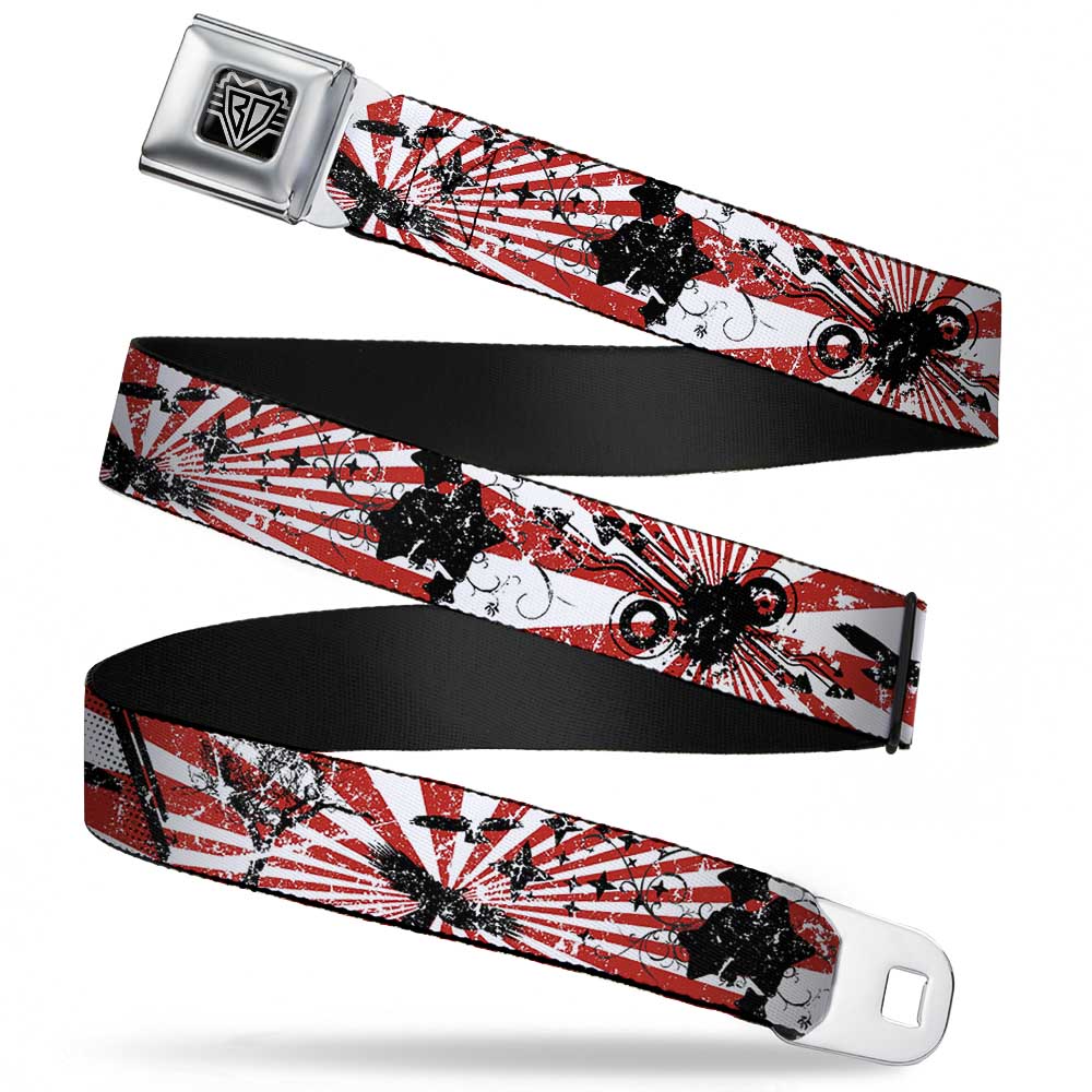 BD Wings Logo CLOSE-UP Full Color Black Silver Seatbelt Belt - Rising Sun White/Red Webbing Seatbelt Belts Buckle-Down