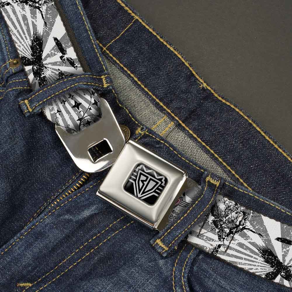 BD Wings Logo CLOSE-UP Full Color Black Silver Seatbelt Belt - Rising Sun White/Gray Webbing Seatbelt Belts Buckle-Down