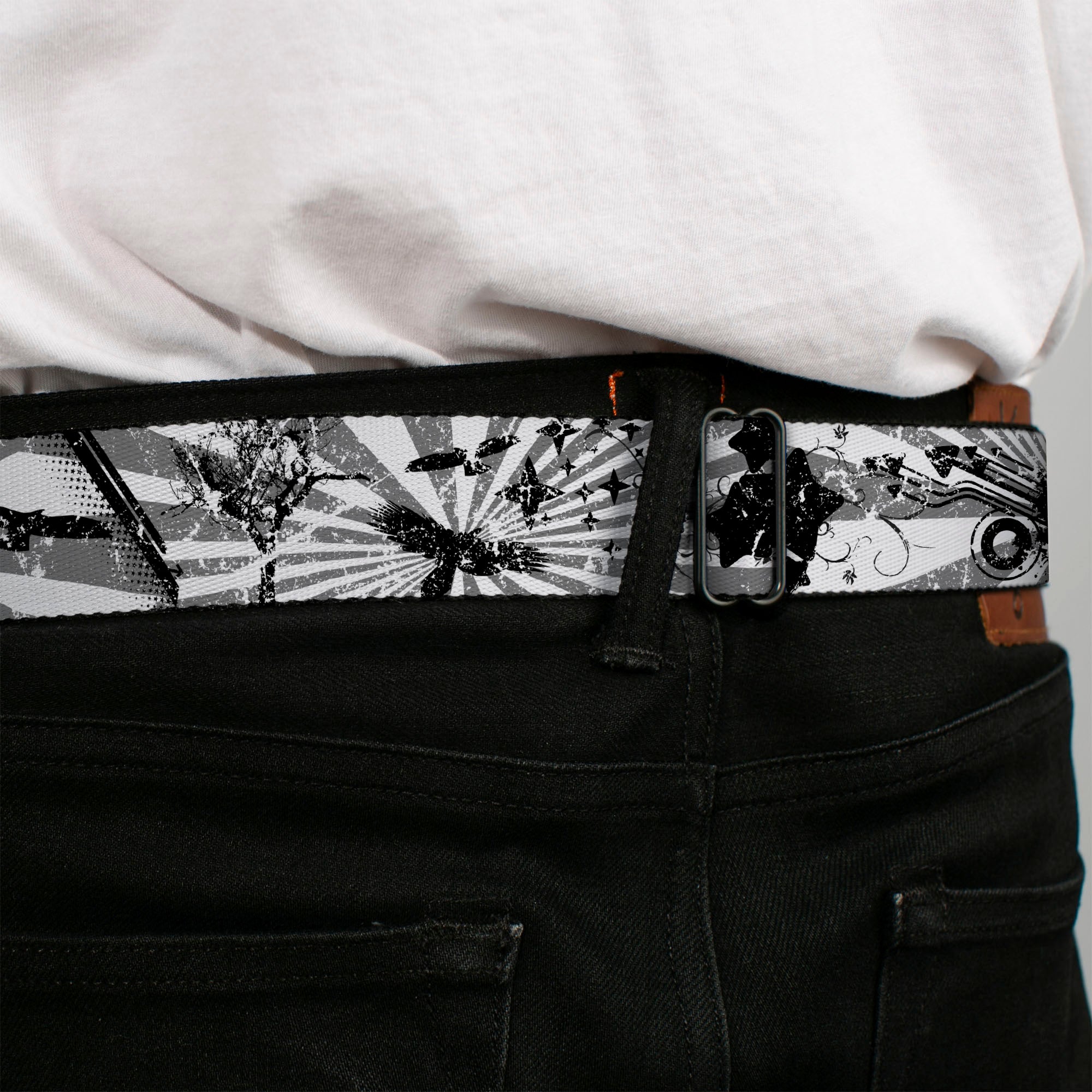 BD Wings Logo CLOSE-UP Full Color Black Silver Seatbelt Belt - Rising Sun White/Gray Webbing Seatbelt Belts Buckle-Down