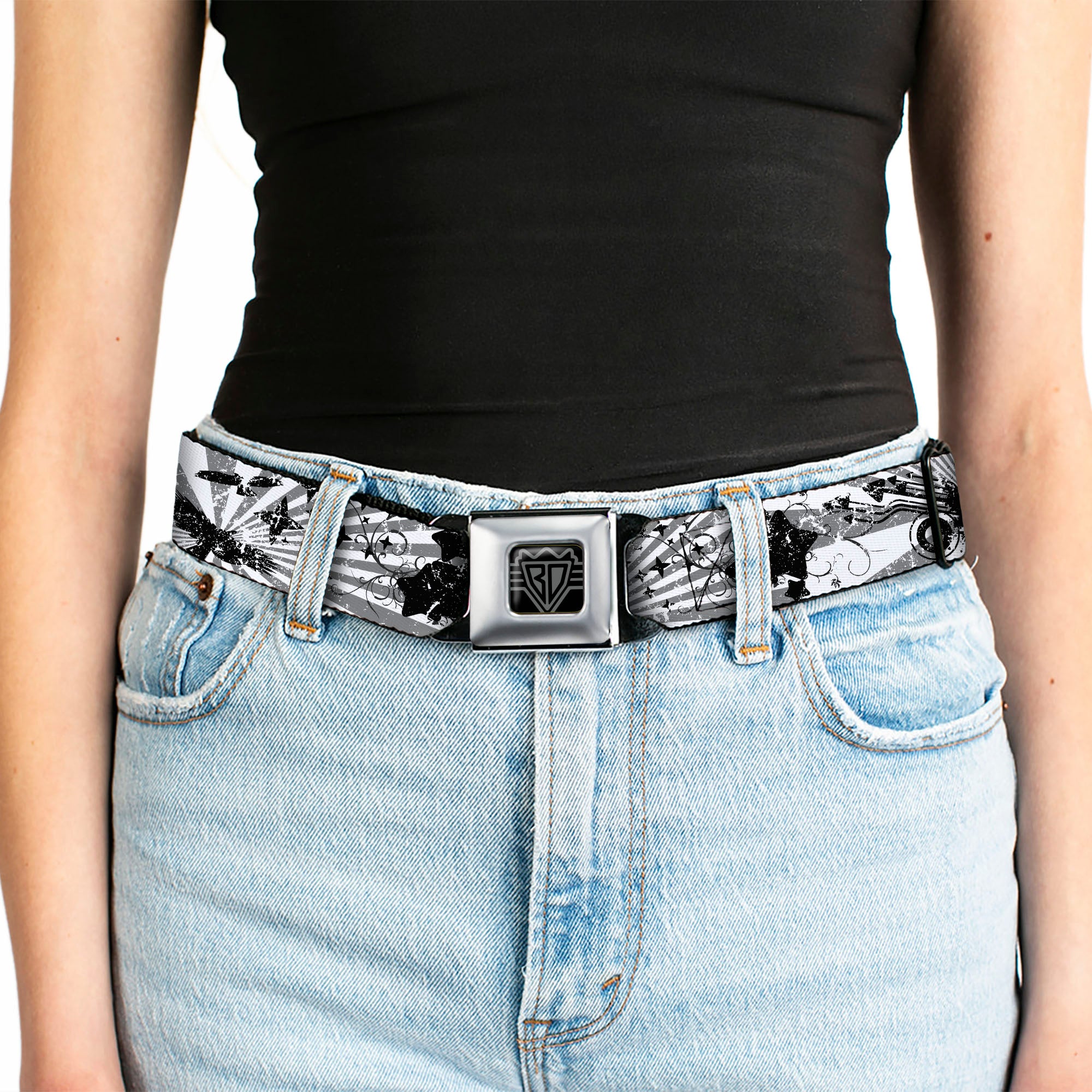 BD Wings Logo CLOSE-UP Full Color Black Silver Seatbelt Belt - Rising Sun White/Gray Webbing Seatbelt Belts Buckle-Down