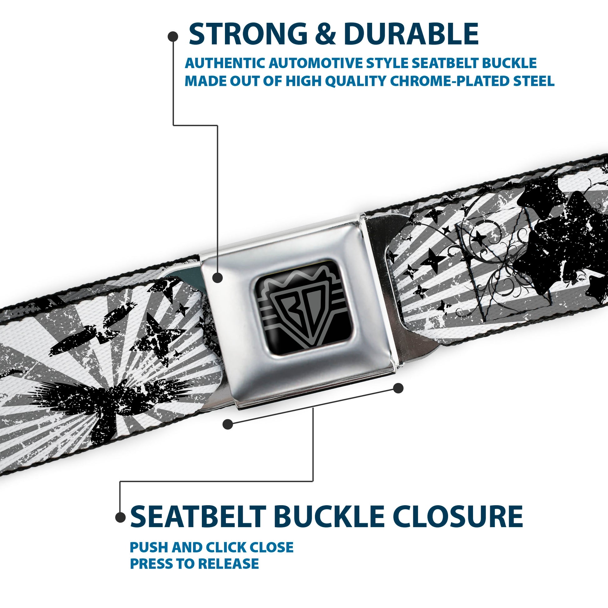 BD Wings Logo CLOSE-UP Full Color Black Silver Seatbelt Belt - Rising Sun White/Gray Webbing Seatbelt Belts Buckle-Down