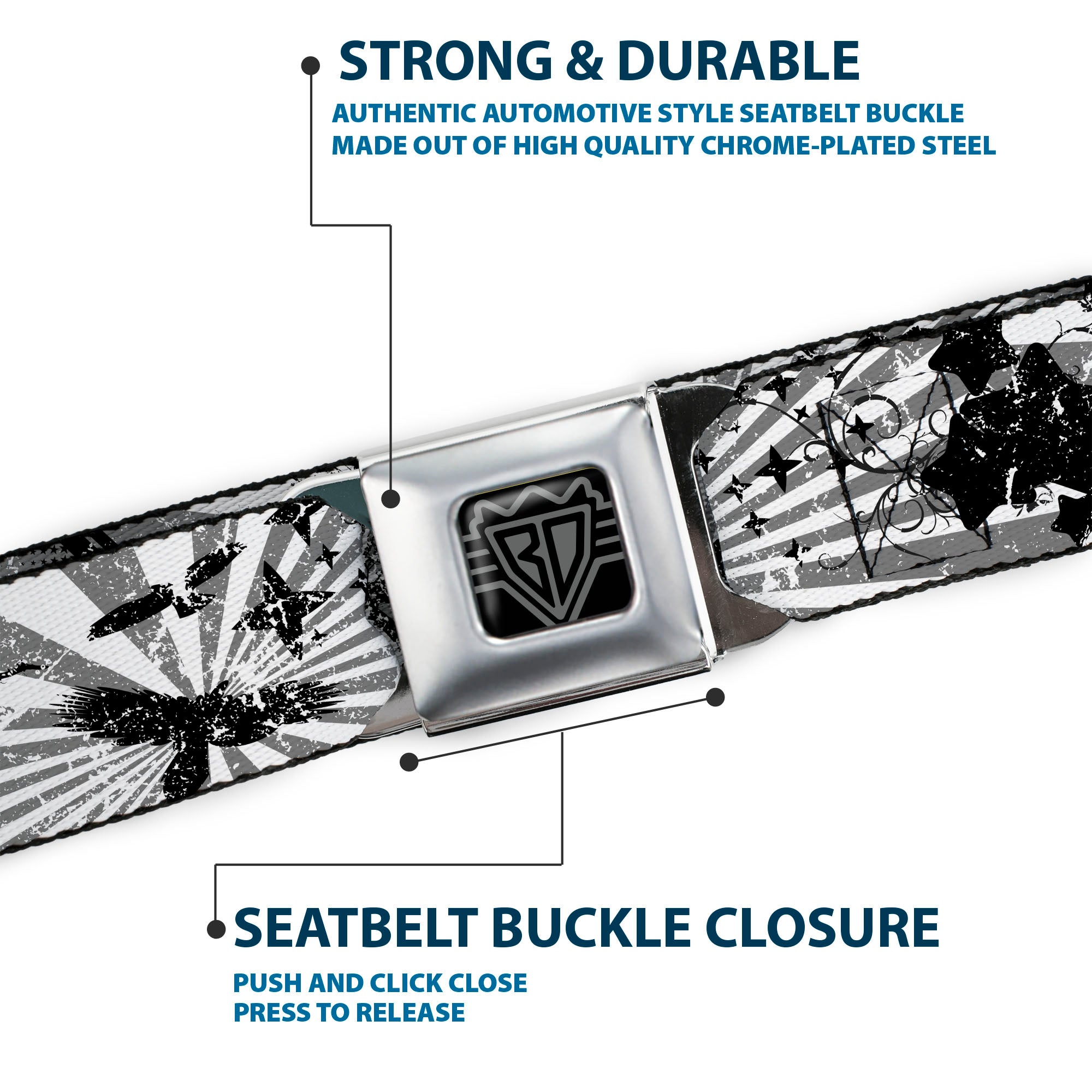 BD Wings Logo CLOSE-UP Full Color Black Silver Seatbelt Belt - Rising Sun White/Gray Webbing Seatbelt Belts Buckle-Down