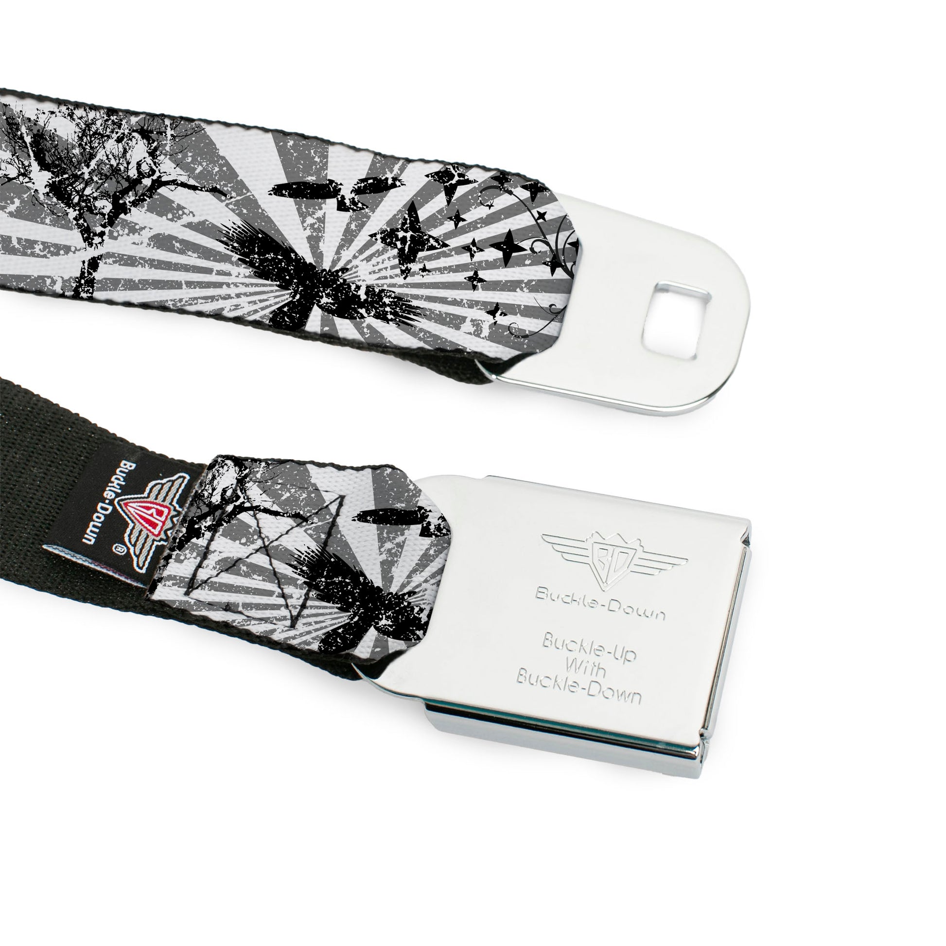 BD Wings Logo CLOSE-UP Full Color Black Silver Seatbelt Belt - Rising Sun White/Gray Webbing Seatbelt Belts Buckle-Down